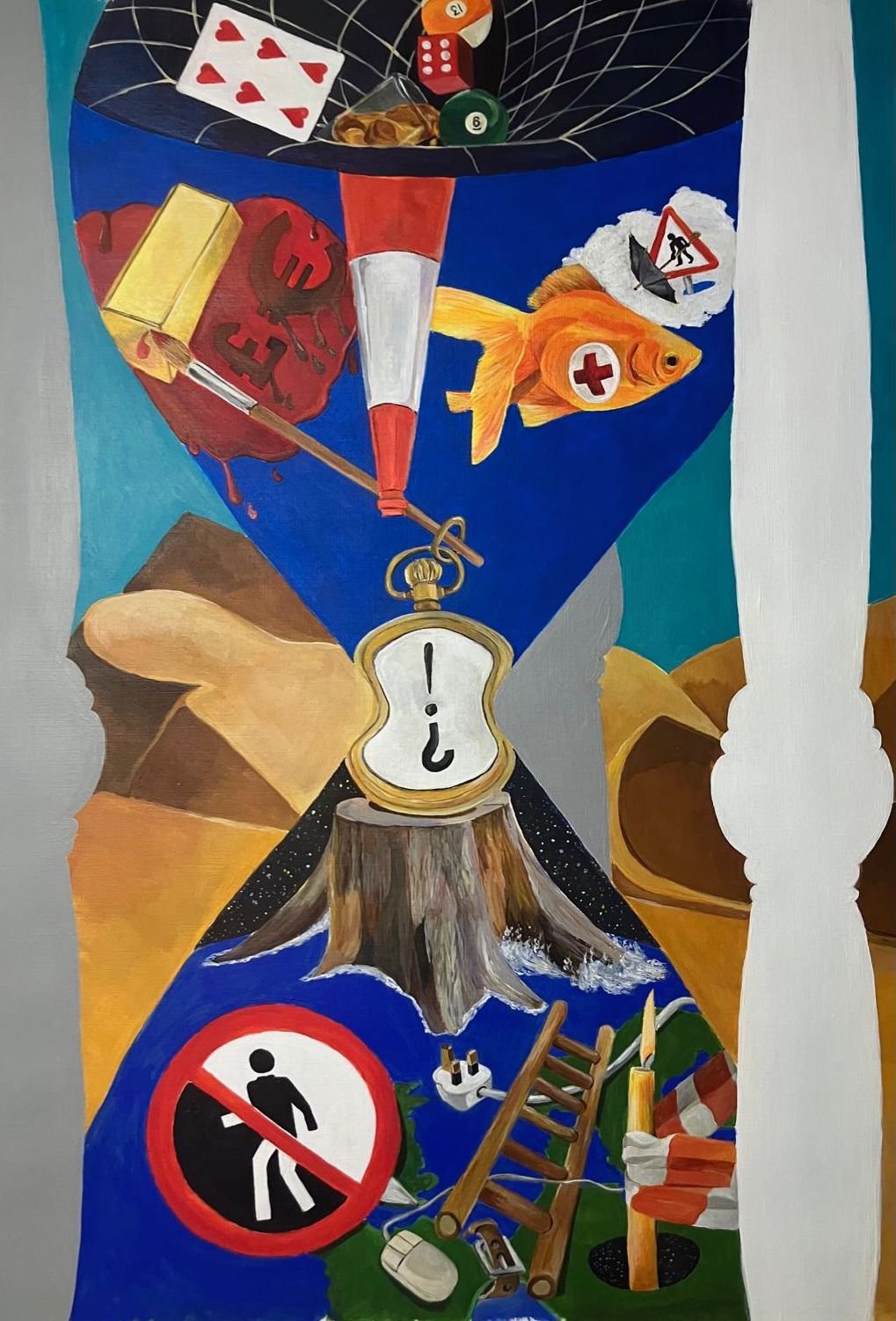 In the midst of this chaos, a "Work in Progress" sign stands over a figure struggling with an oversized umbrella. It is a comic yet tragic image of the individual trying to shield themselves from a storm that is far too big to manage.
Finally, a gold