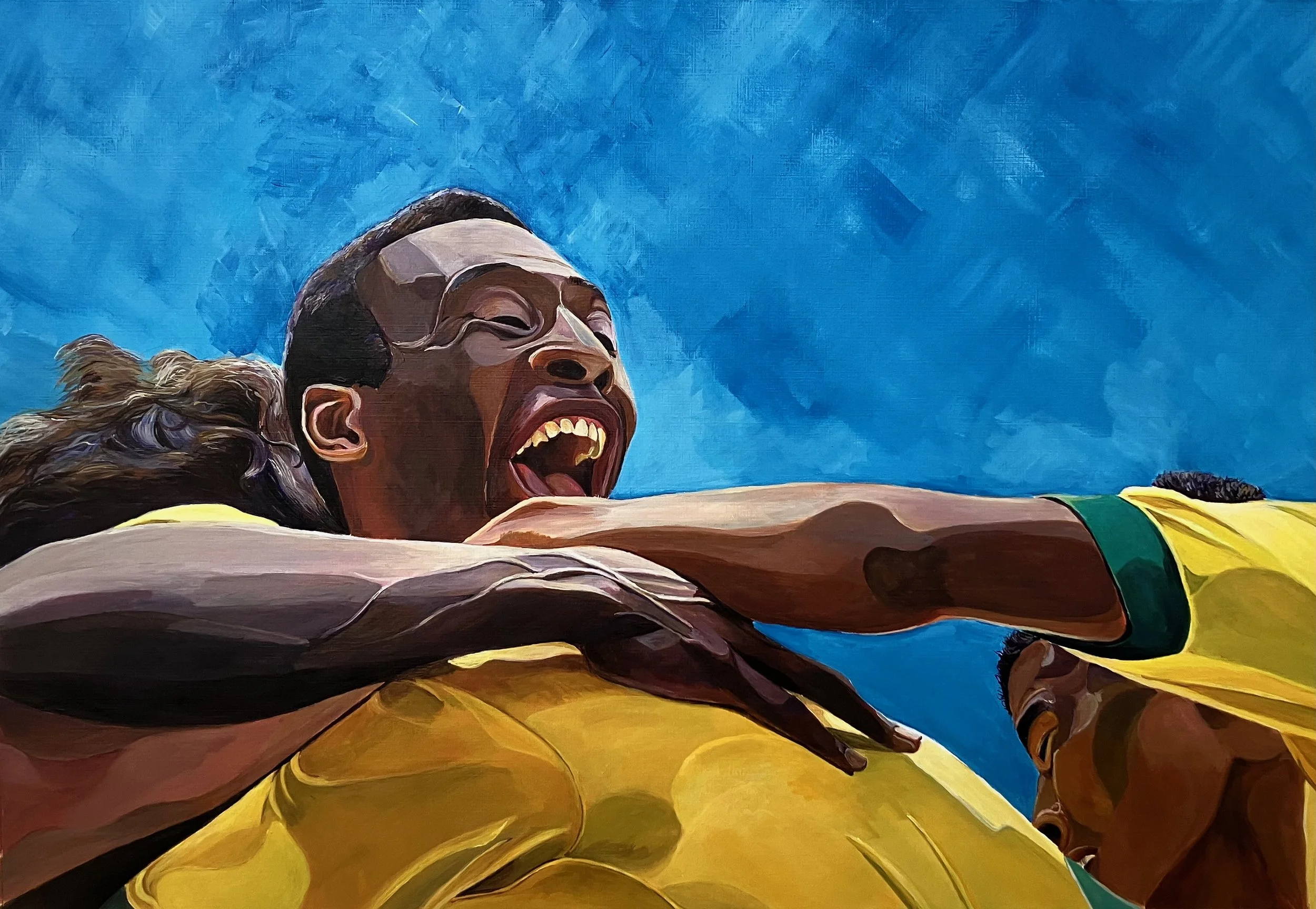 'You can stretch up and touch the sky'
Capture the pinnacle of football history with this vibrant original acrylic painting of Pelé. This piece immortalizes the sheer euphoria of the 1970 World Cup Final in Mexico City—a moment widely regarded as the