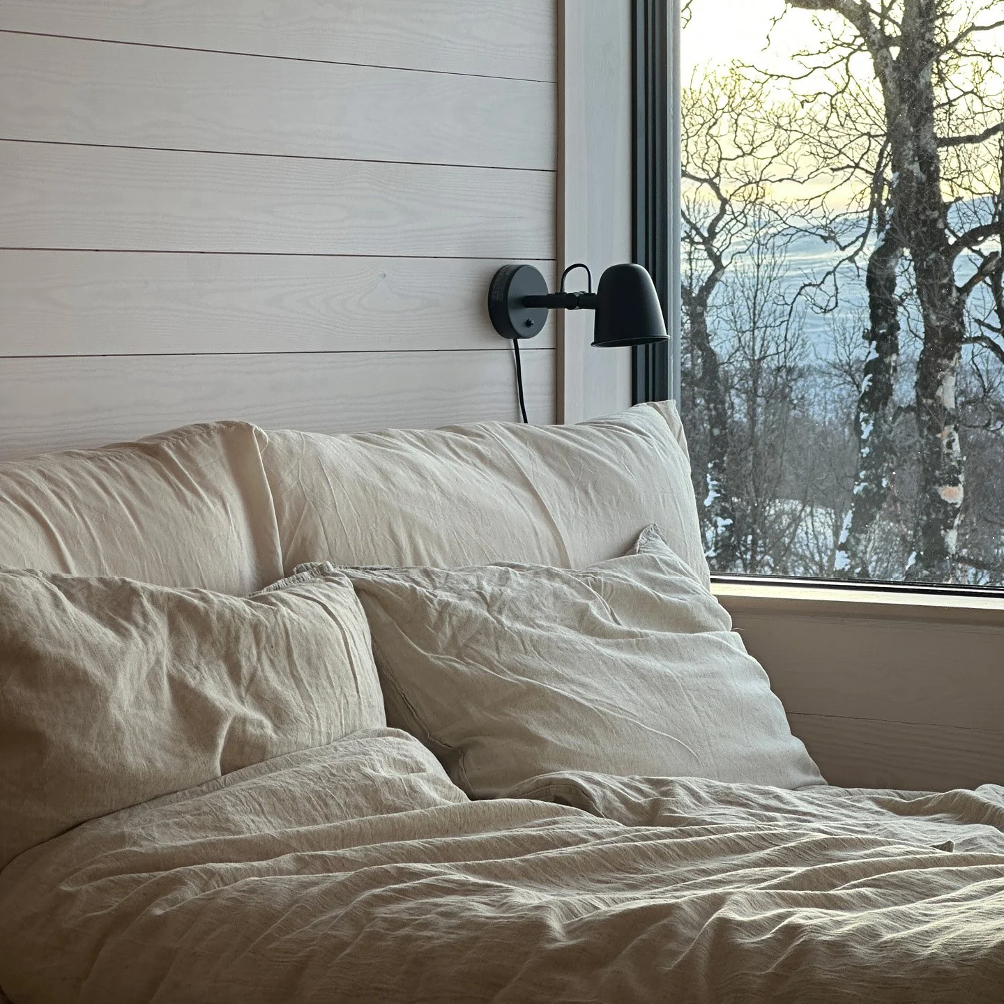 Soverom med lyst panel på veggene. Oppredd seng med hvitt sengetøy, en sort vegglampe og et stort vindu med utsikt mot vinterlandskap med bjørkeskog