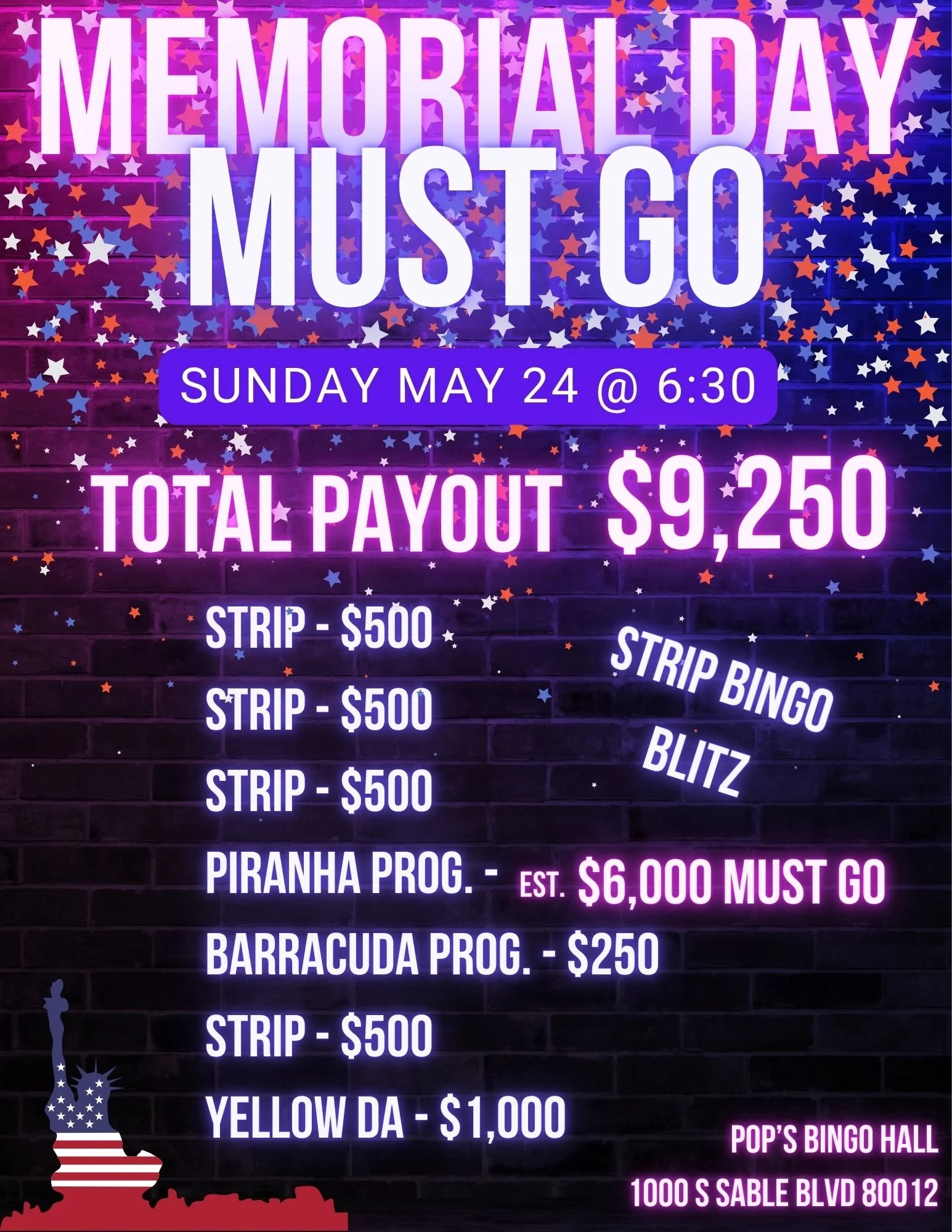 Memorial Day at Pop's Bingo Hall! May 24th, 2026 at 6:30PM