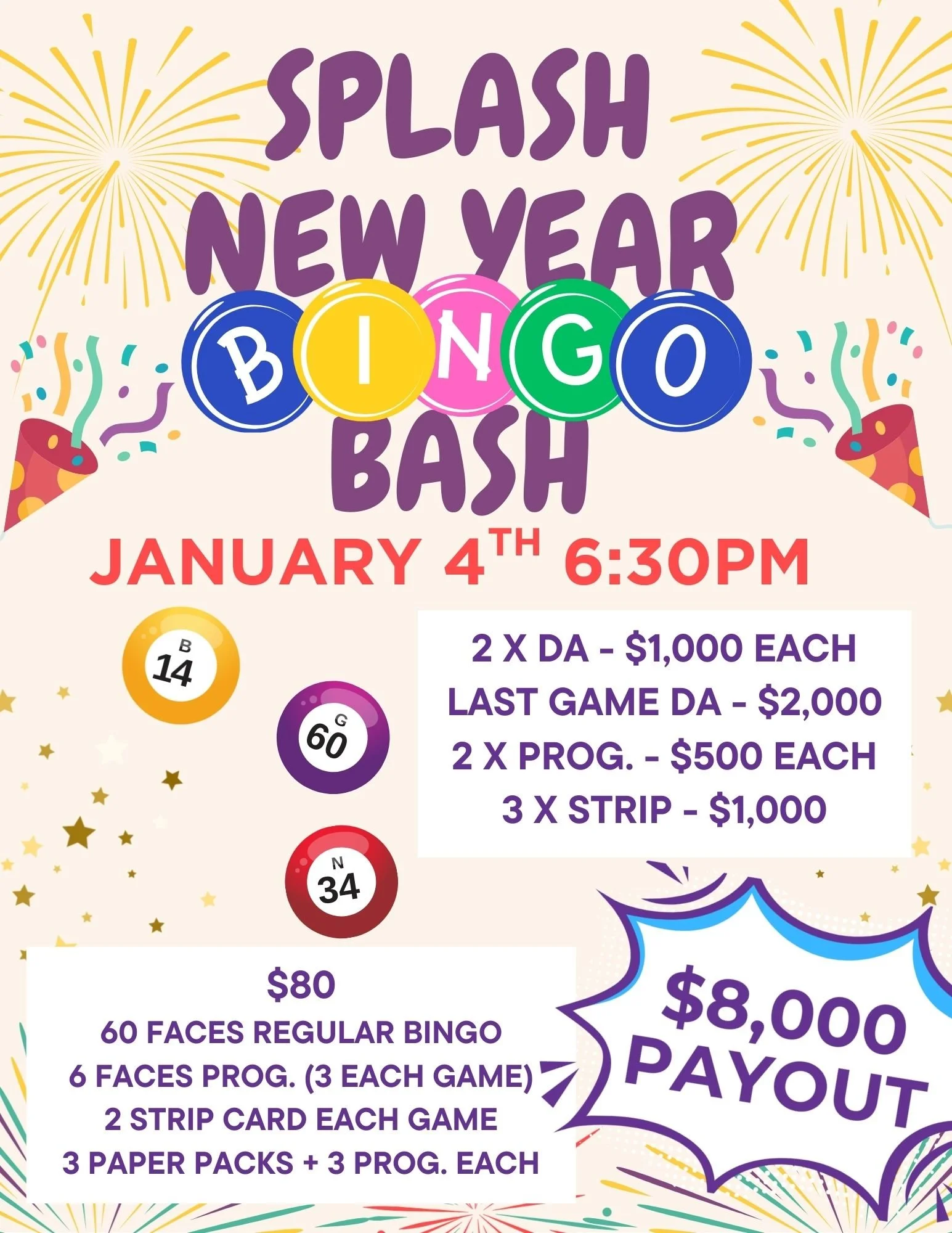 SPLASH Bingo and Pops Bingo Hall New Year BINGO Bash!