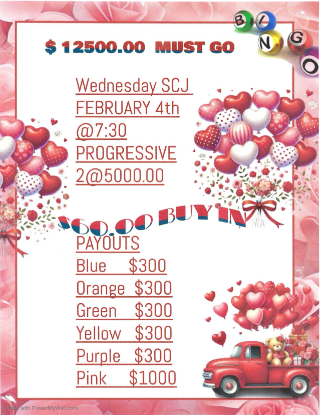 SCJ Sponsored Must Go event on February 4th at 7:30 pm at Pop's Bingo Hall, Aurora Colorado's best bingo hall.