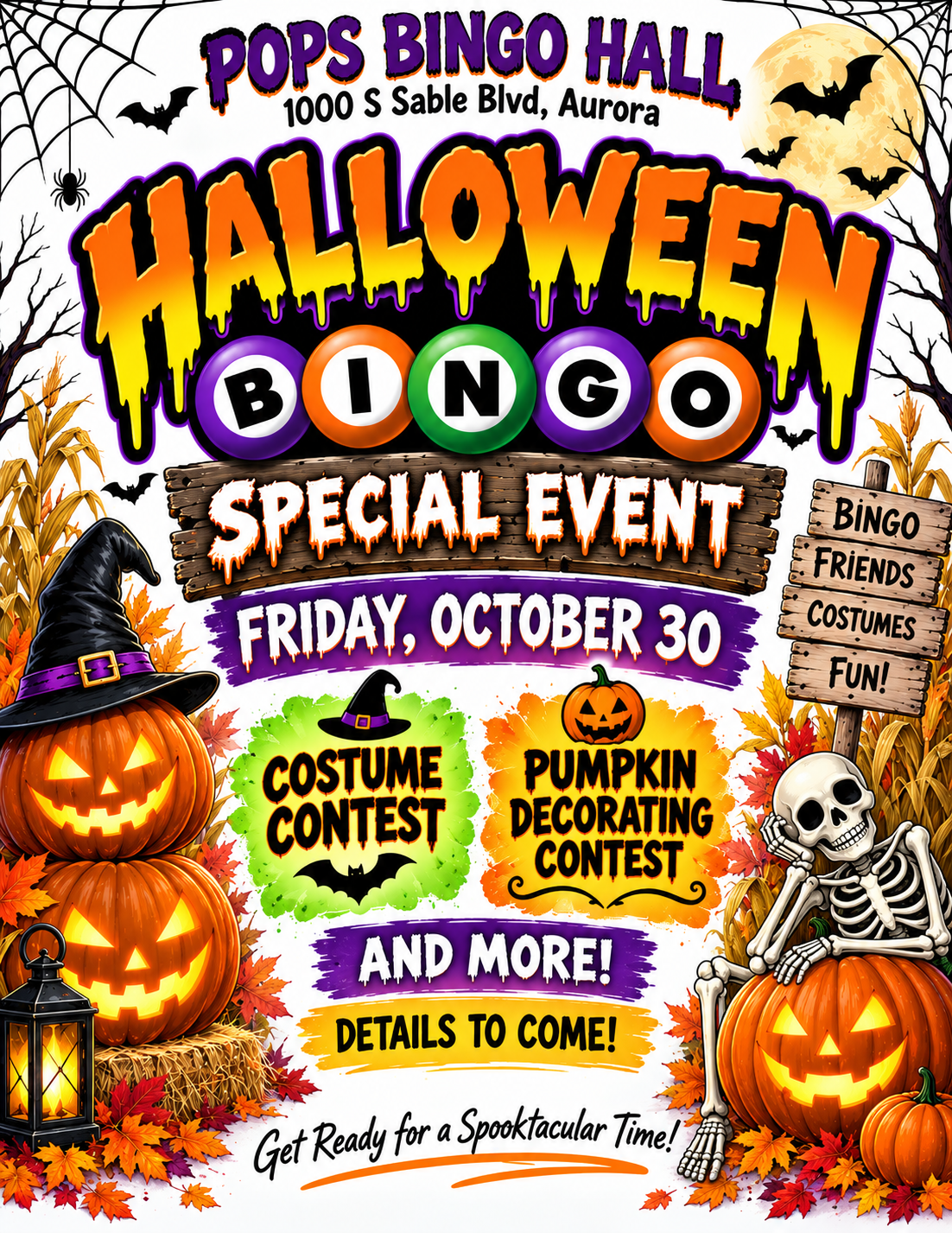 Halloween BINGO Special Event, Friday October 30th, 2026 at Pop's Bingo Hall!