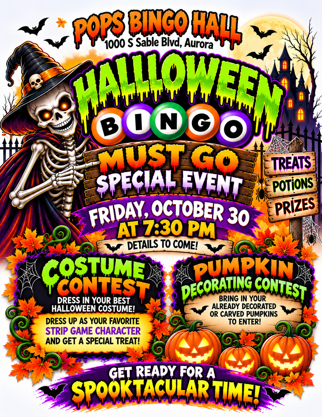 HALLOWEEN BINGO at Pop's Bingo Hall! October 30th, 2026 at 7:30PM