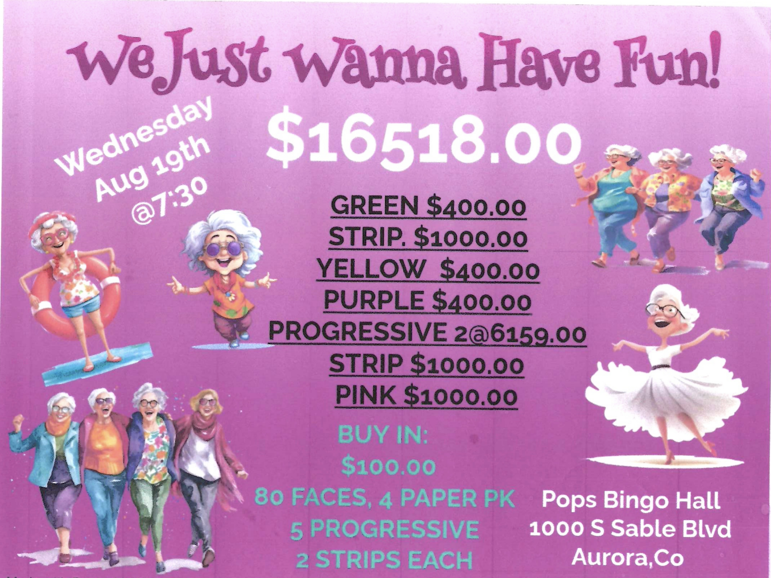 We Just Wanna Have Fun! Pop's Bingo Hall August 19th, 2026
