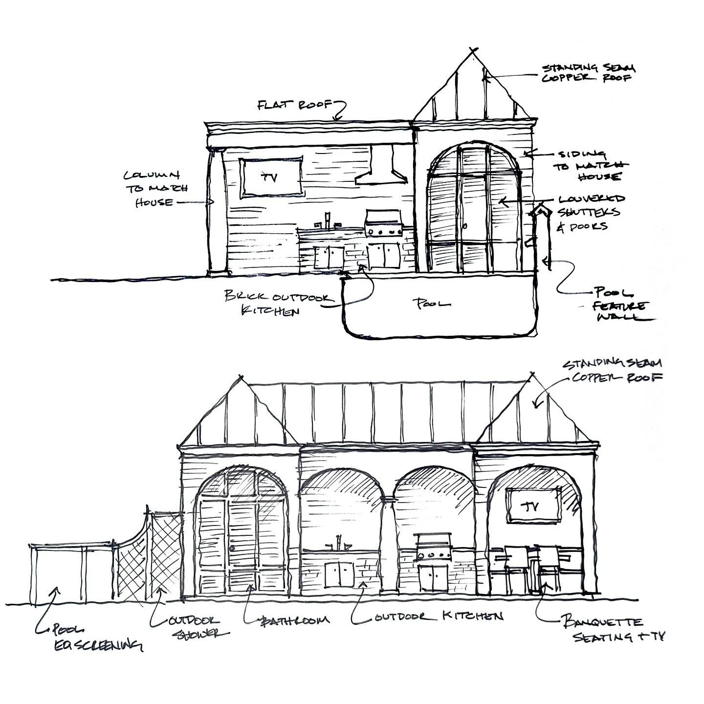 During the conceptual design phase for an Uptown residence, we discovered an original pool cabana concept by the late architect Barry Fox. Taking his vision as inspiration, we developed two sketches for this very compact outdoor space&mdash;complete 