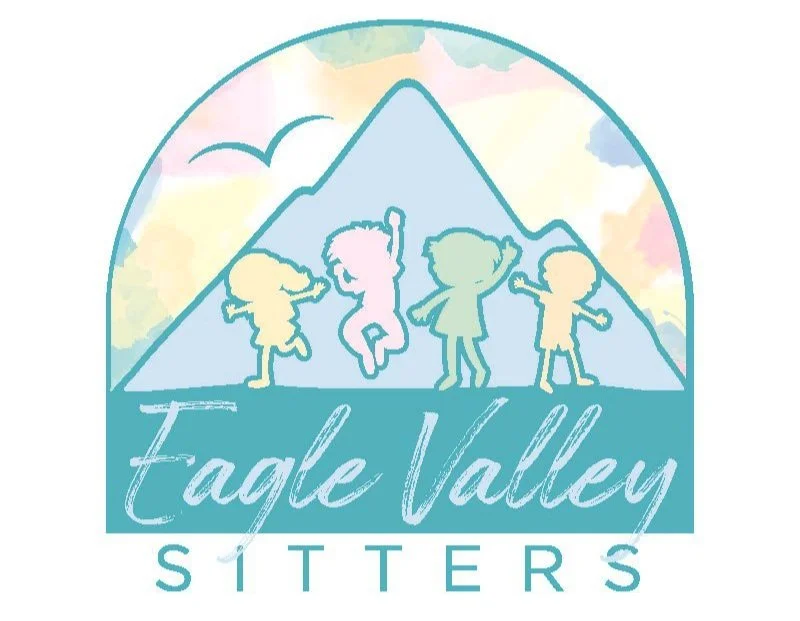 Logo for Eagle Valley Sitters featuring outlined children playing in front of a mountain, with a pastel watercolor background and the text "Eagle Valley Sitters".