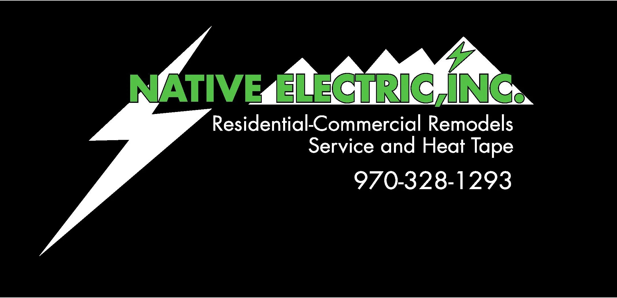 Business card for Native Electric, Inc. featuring a lightning bolt graphic, company name in green, and services listed including residential, commercial remodeling, service, and heat tape; with phone number 970-328-1293.