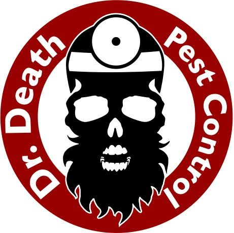 Skull with beard wearing a headlamp surrounded by a red circle with the text 'D' Deathh Pest Controll'.