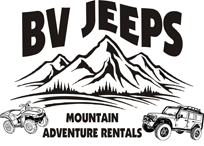 Logo for BV Jeeps Mountain Adventure Rentals featuring a mountain range, a Jeep, and a truck.