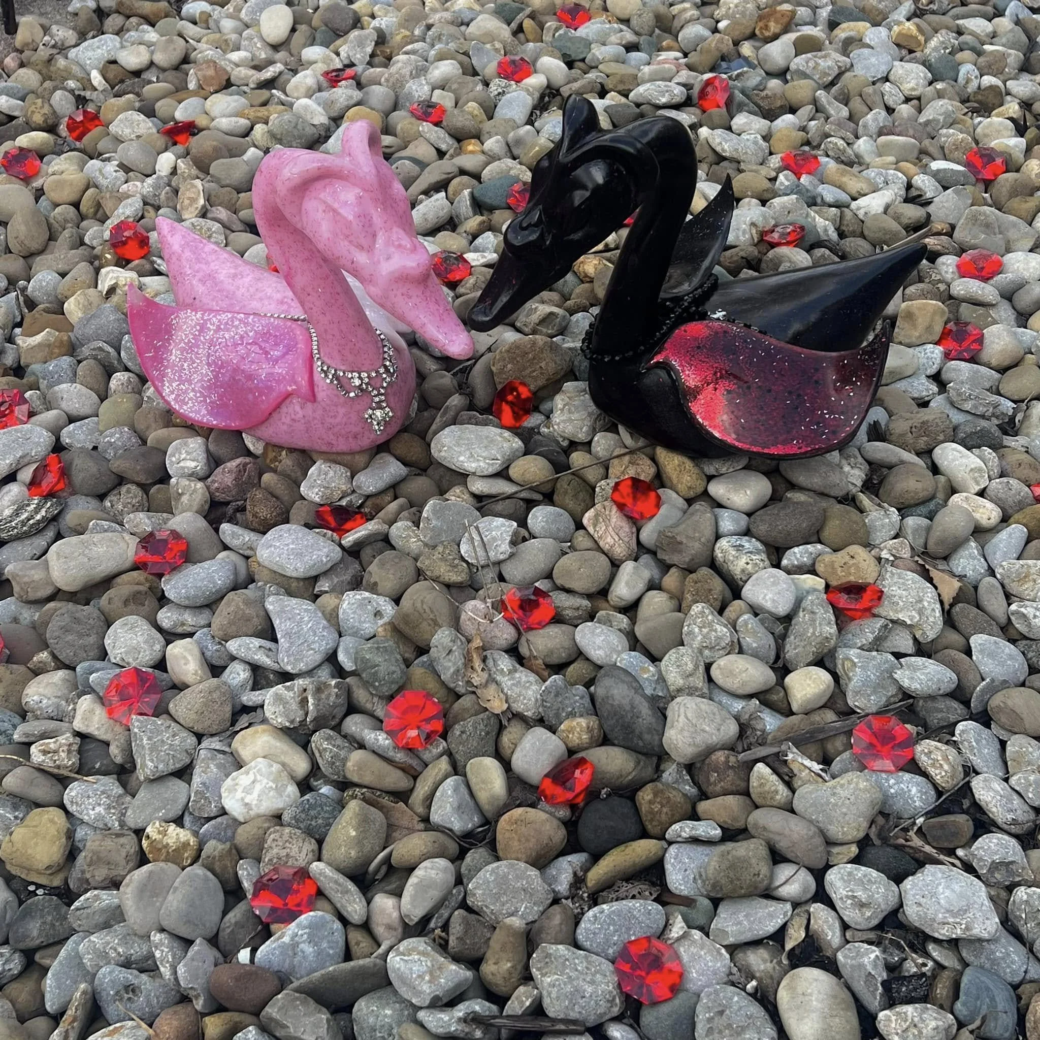 2 Swans on Ruby Pond, mixed media, 2025.