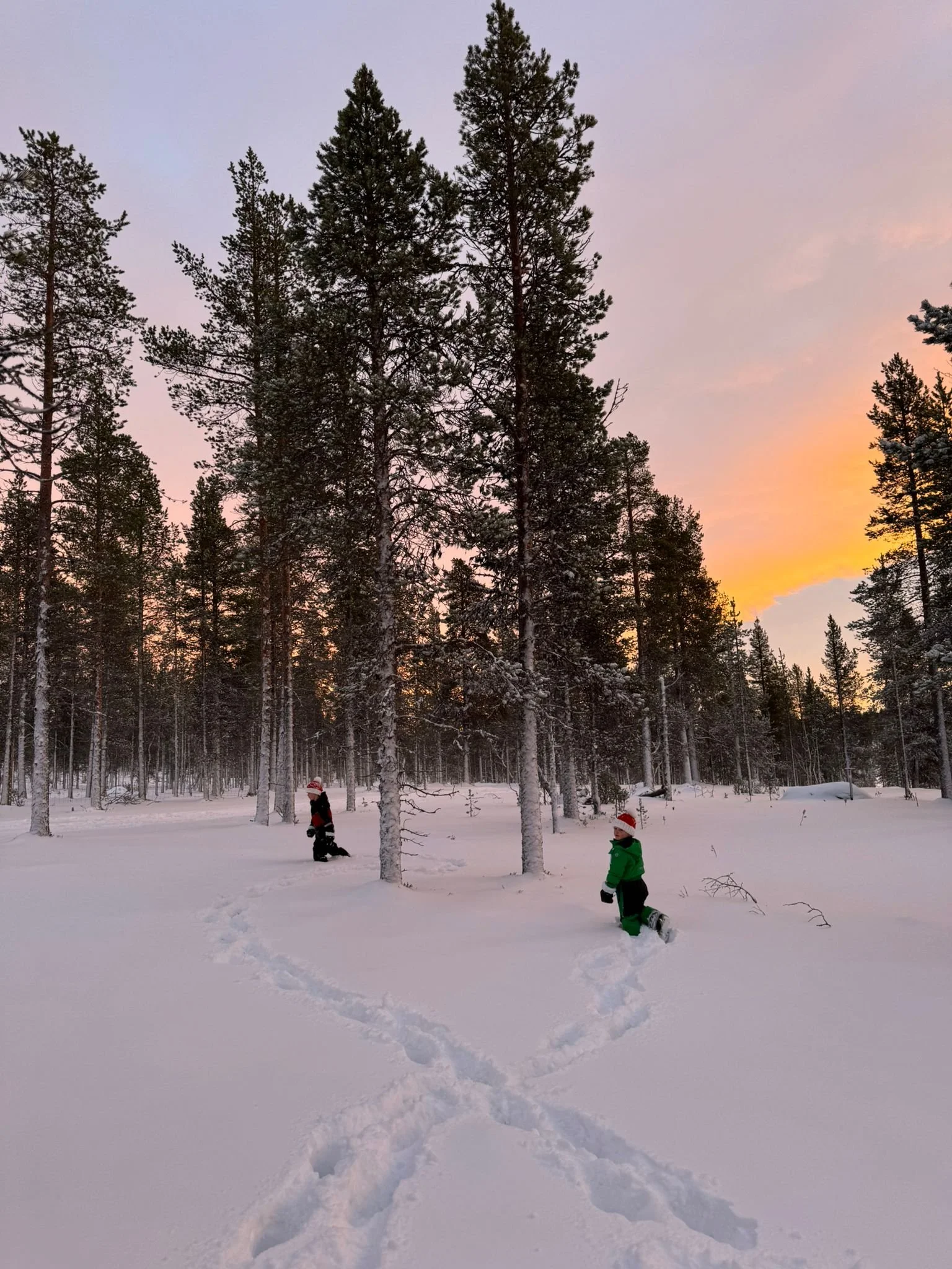 Playing in the deep snow, Northern Lights Village, Finland