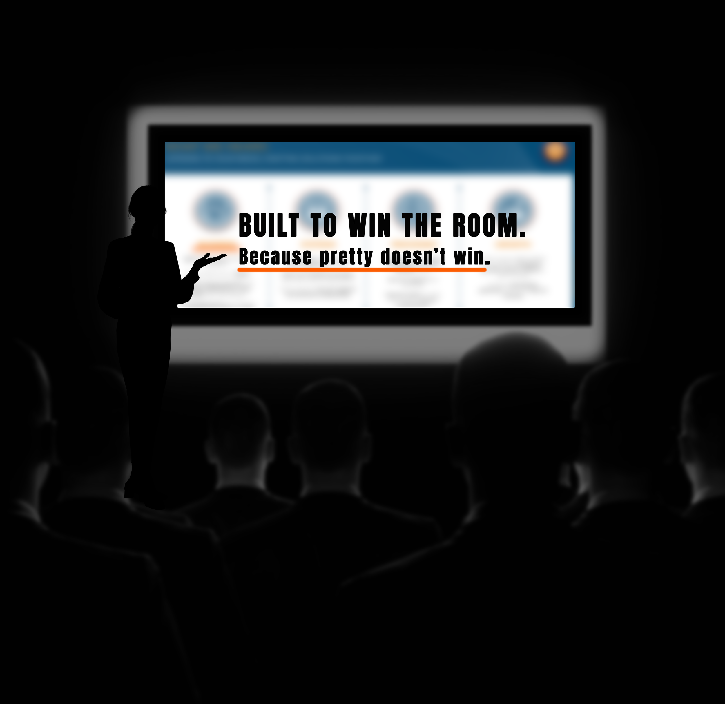 “Most websites don’t sell. We build to move people” with presentation scene and “Built to win the room” slide.