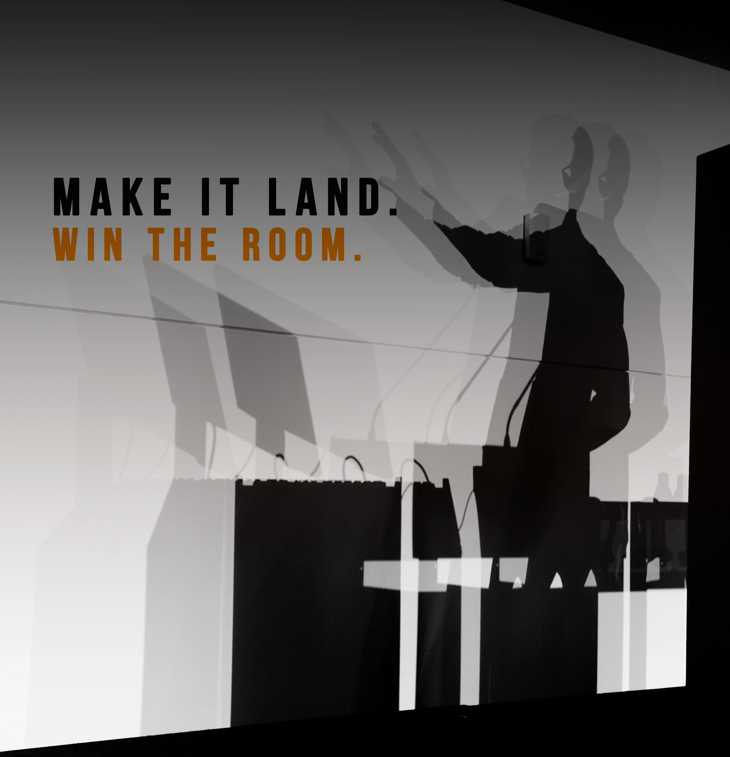 “Built to perform” section with presentations, websites, merch, and video alongside speaker image and “Make it land. Win the room.”