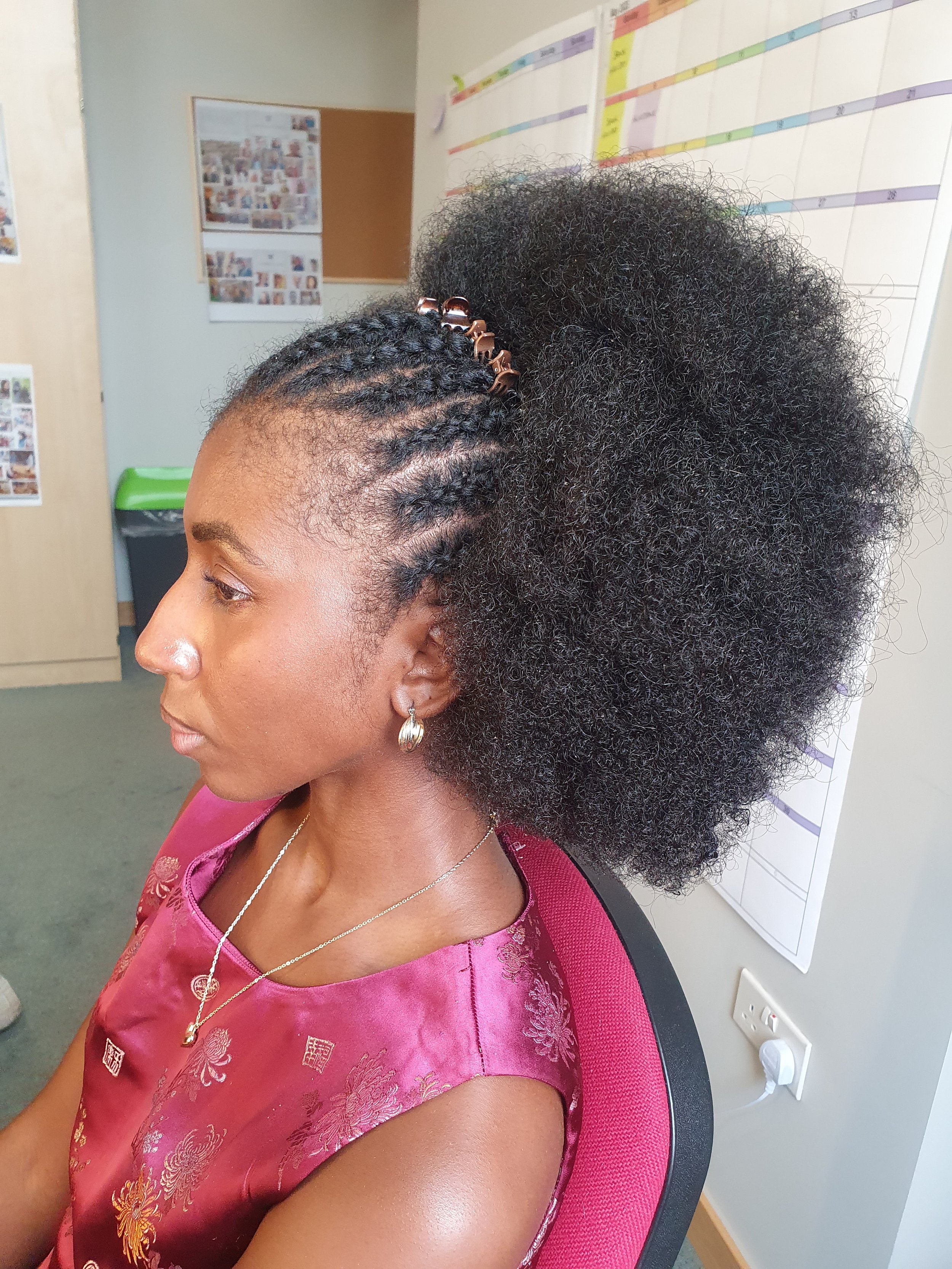 Side profile of a person with cornrow braided hair into an afro, wearing a maroon patterned dress and sitting on a pink chair in an office setting with charts on the wall.