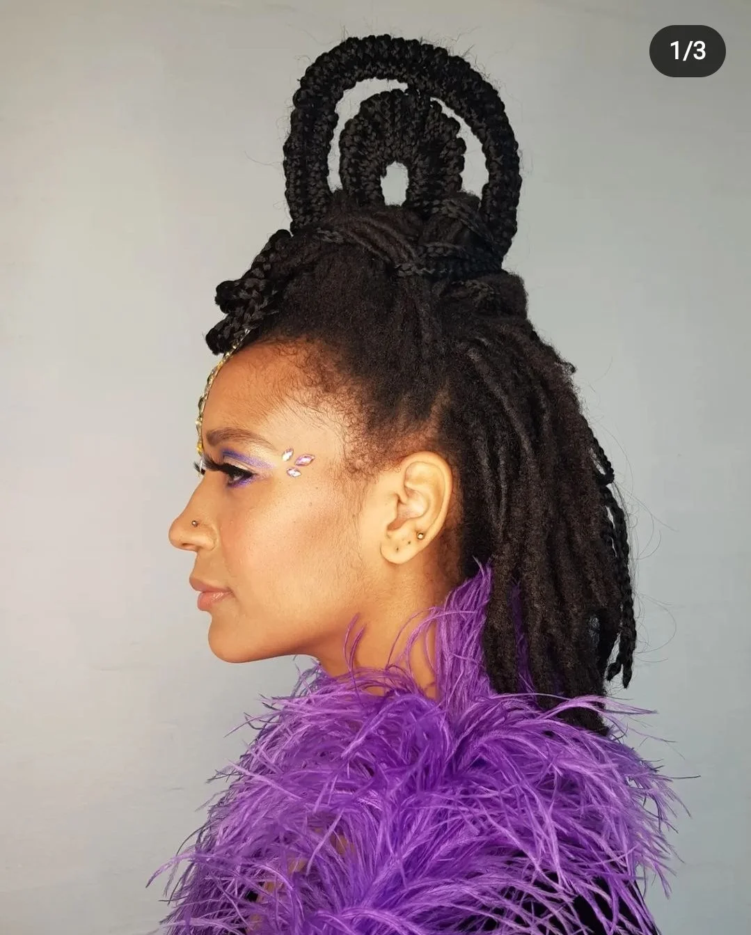 Profile of a woman with intricate braided hair and colorful makeup, wearing a purple feathered outfit.