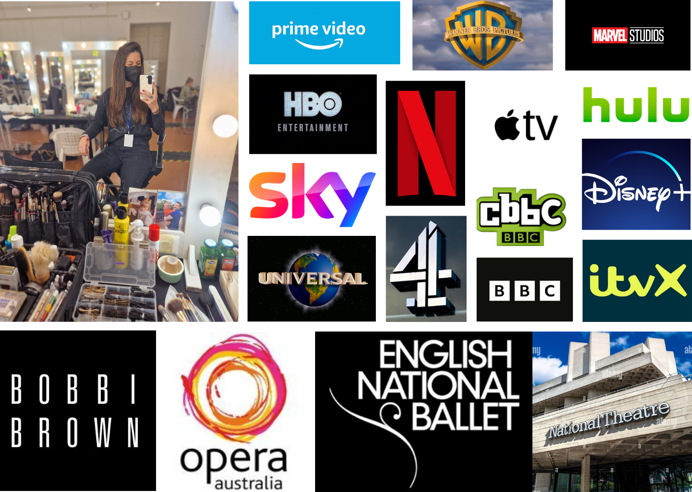Collage of various media and entertainment company logos including Prime Video, Warner Bros, Marvel Studios, HBO, Netflix, Apple TV, Hulu, Disney Plus, Sky, Universal, Channel 4, CBBC, BBC, iTVX alongside a makeup station setup with tools and products, a Bobbi Brown logo, Opera Australia logo, English National Ballet logo, and National Theatre image.