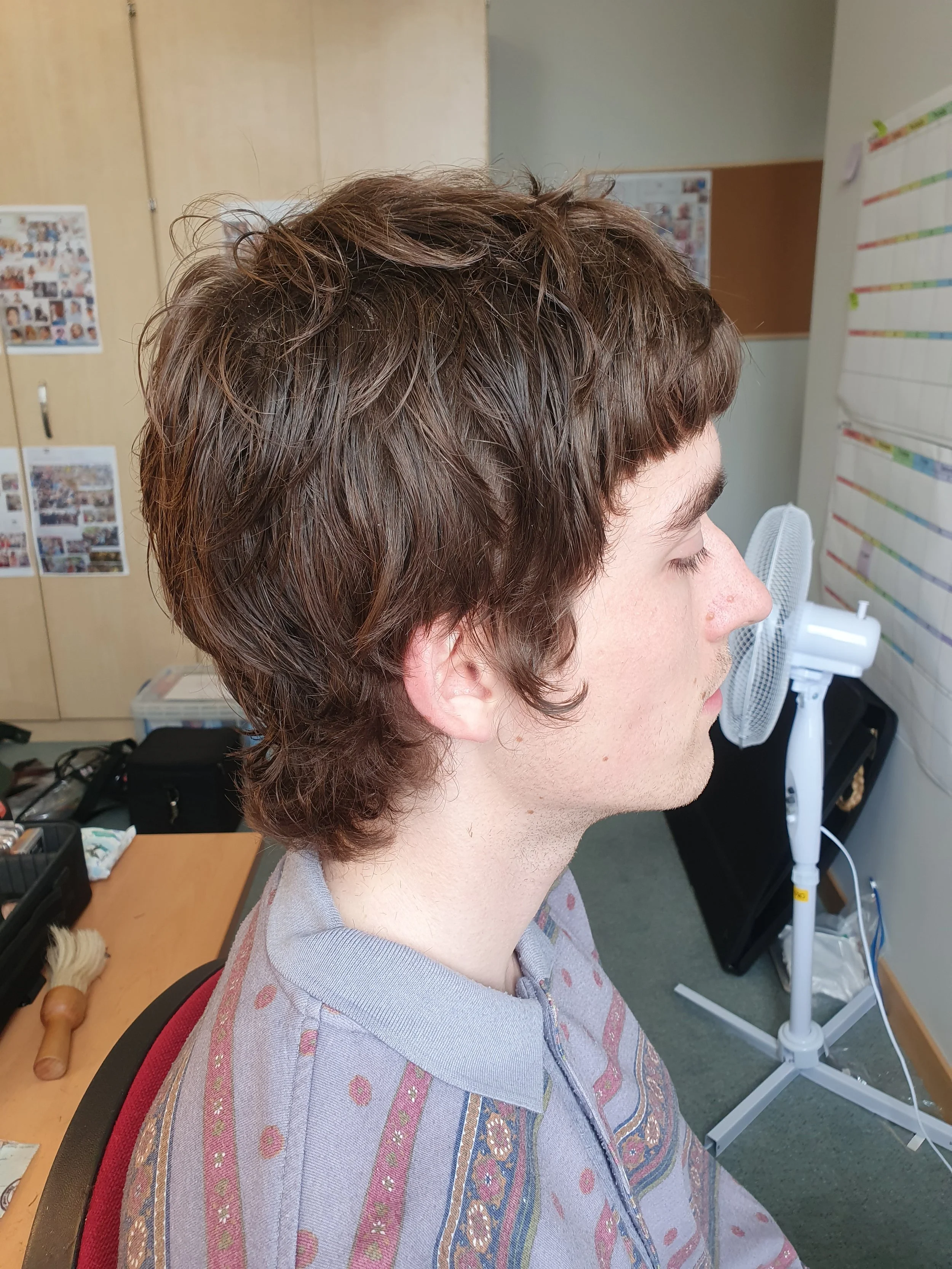 Side profile of a person with short, wavy brown hair sitting indoors. The background has a fan, a desk with various items, a closed door, and wall decorations that include photos and a large calendar.