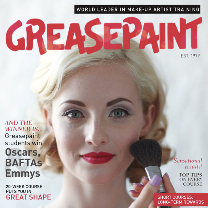 Cover of a Greasepaint magazine featuring a woman having makeup applied, with text promoting makeup artist training and achievements in awards like Oscars and BAFTAs.