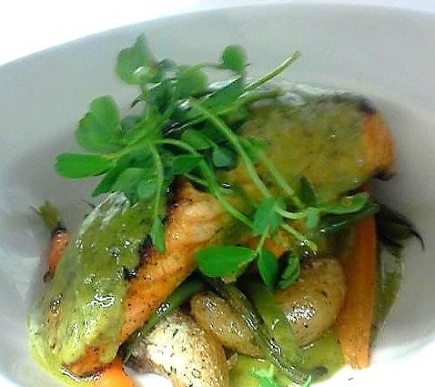 Louisiana Blackened Salmon served with baby carrots, fingerling potatoes, and green beans. Topped with a Mustard Sorrel &amp; Pernod Sauce