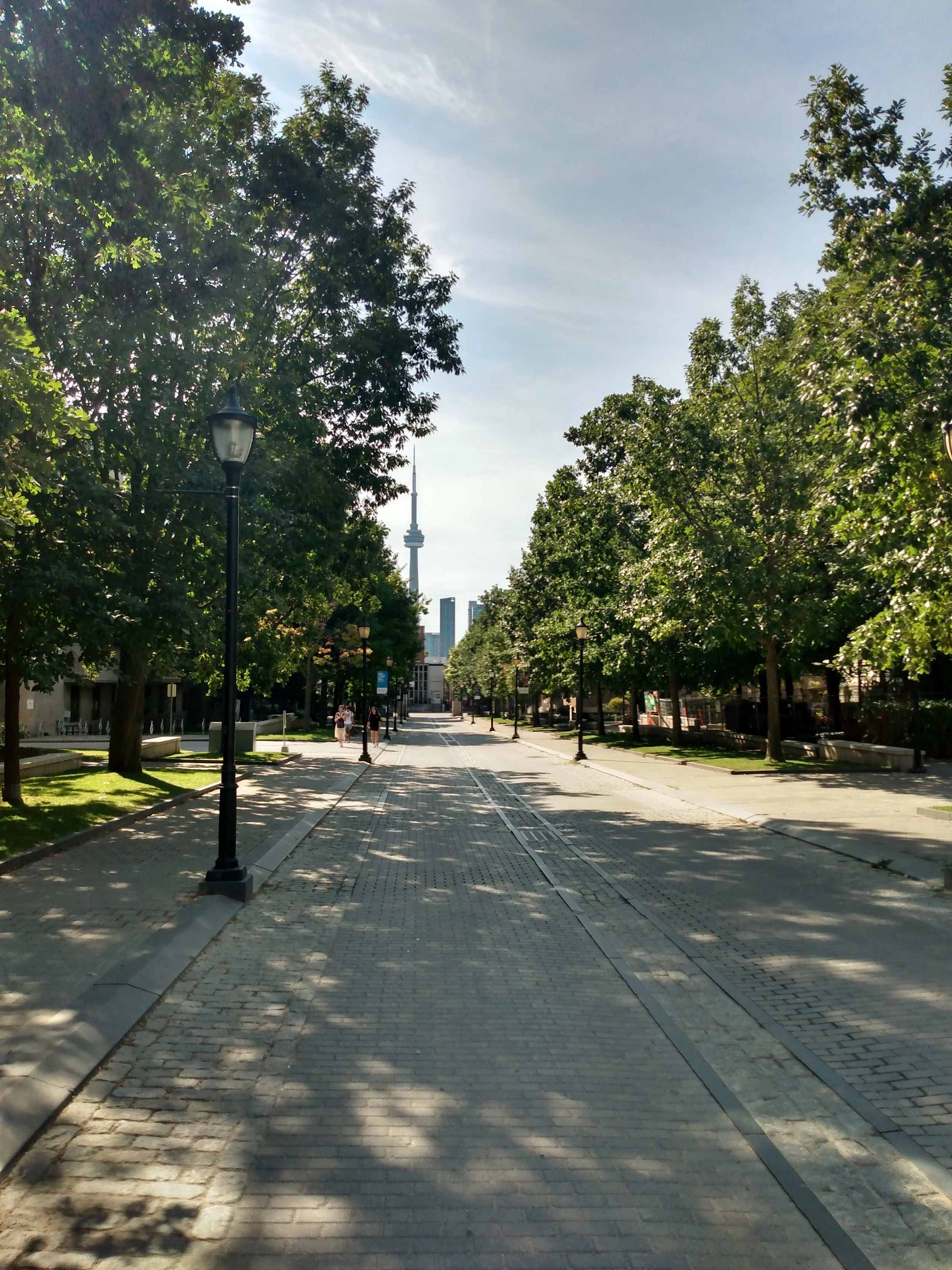 Tree-lined street with lampposts leading to a tower in the distance, under a partly cloudy sky.