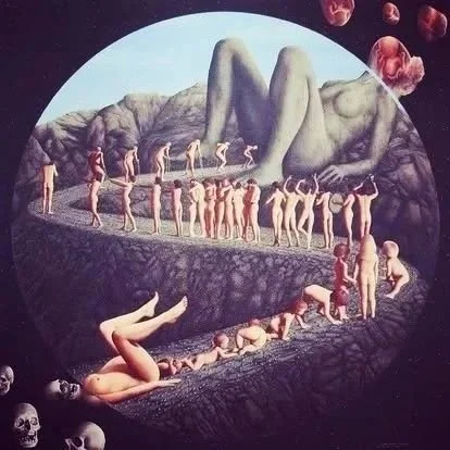 Surreal painting depicting a giant reclining humanoid figure with closed eyes in a landscape, surrounded by numerous smaller human figures in various poses, some climbing or lying on the ground, and a dark background with floating rocks or objects.