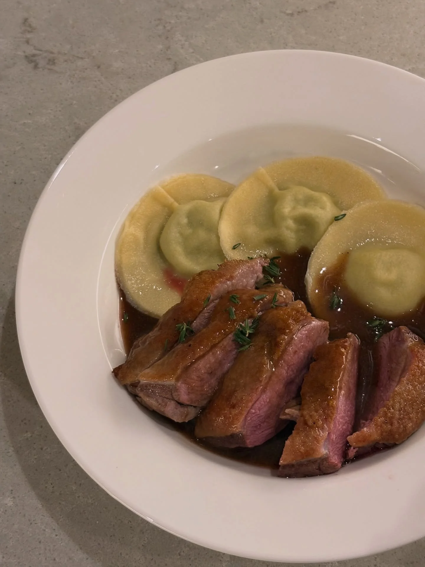 Homemade Leek &amp; Artichoke ravioli with crispy duck breast and a duck jus 🦆

#ravioli #pasta #cooking