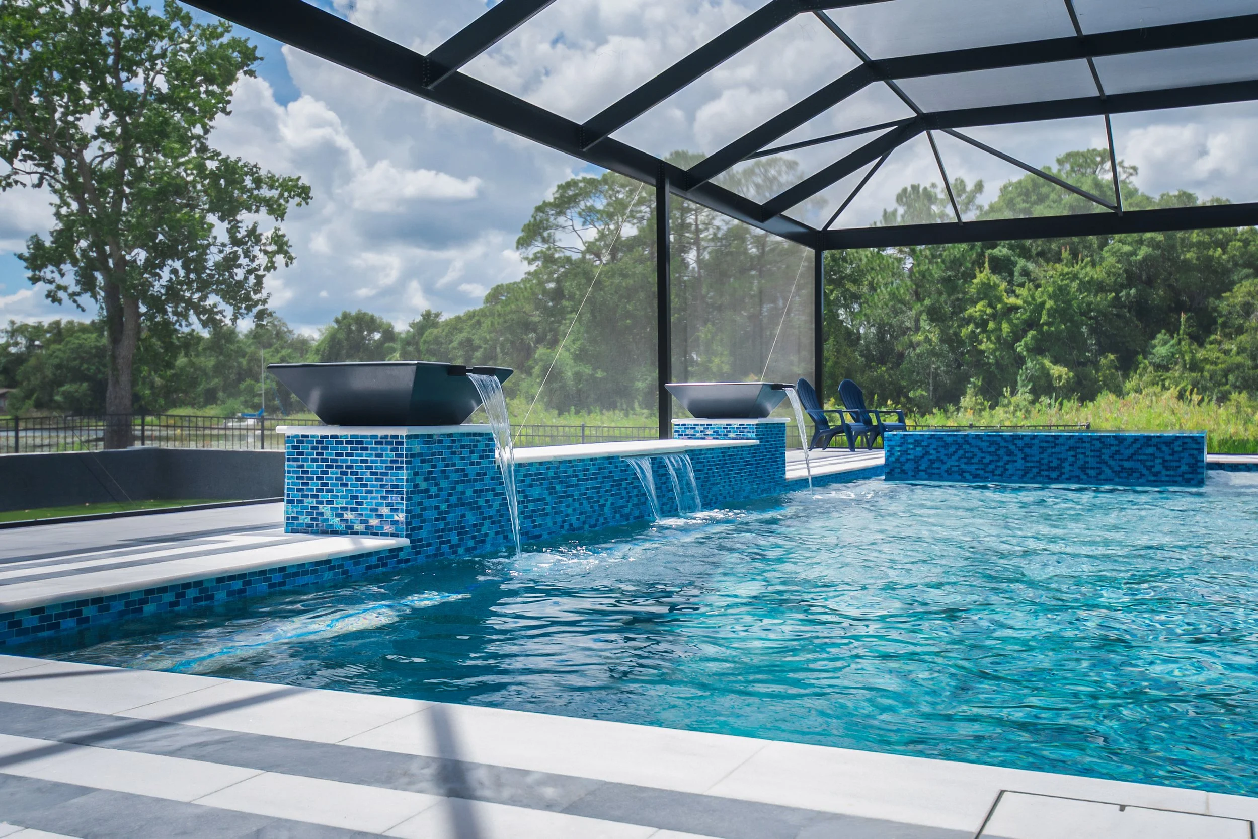 Dreamy Custom Pool with Water Bowls and Panoramic Screen Panels