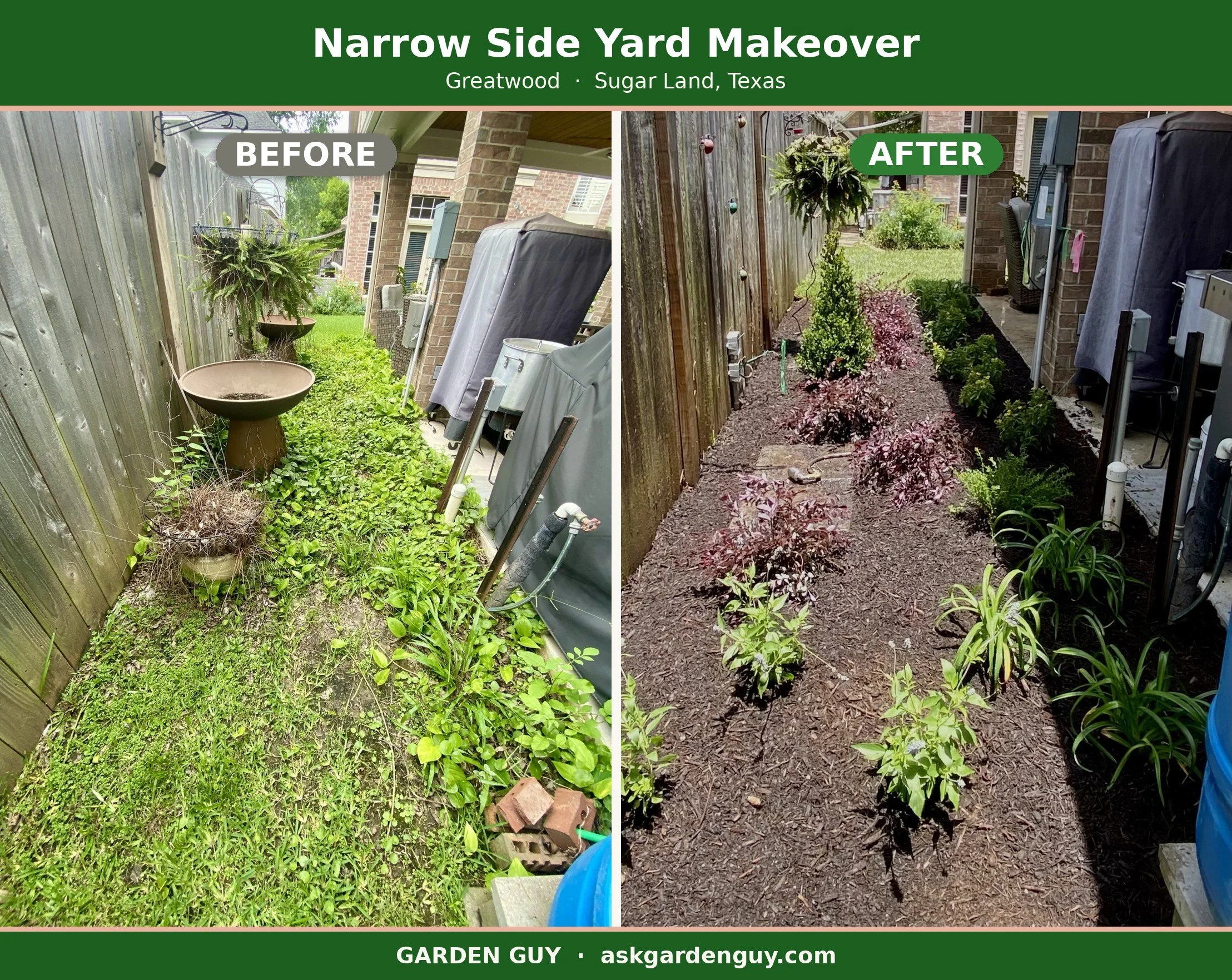 Before and after low maintenance Gulf Coast landscape bed with loropetalum, boxwood, and daylilies beside patio in Greatwood Sugar Land