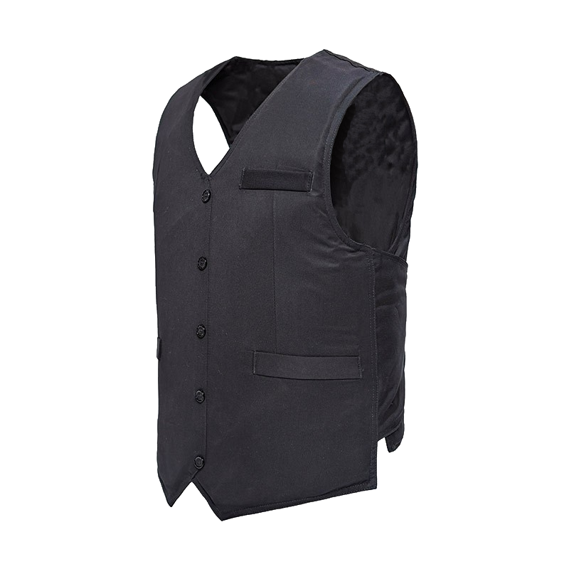 A black vest with buttons and multiple pockets, displayed against a white background.