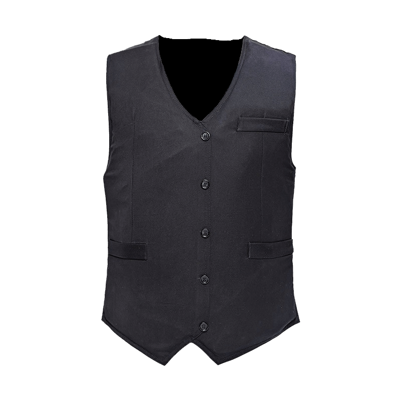 Black vest with a V-neck design, button-down front, and multiple pockets.