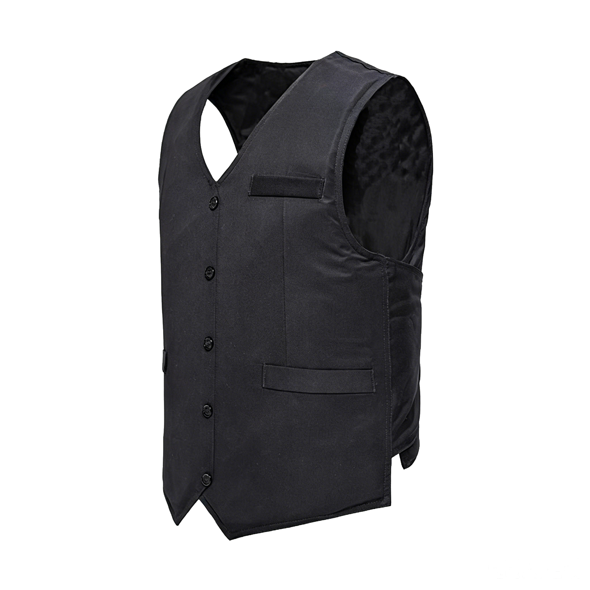 A black vest with buttons and multiple pockets, displayed against a white background.