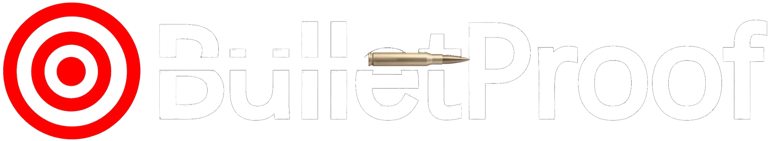 The word 'Bullet Proof' in white letters with a red and black target symbol on the left, and a bullet placed horizontally above the word.