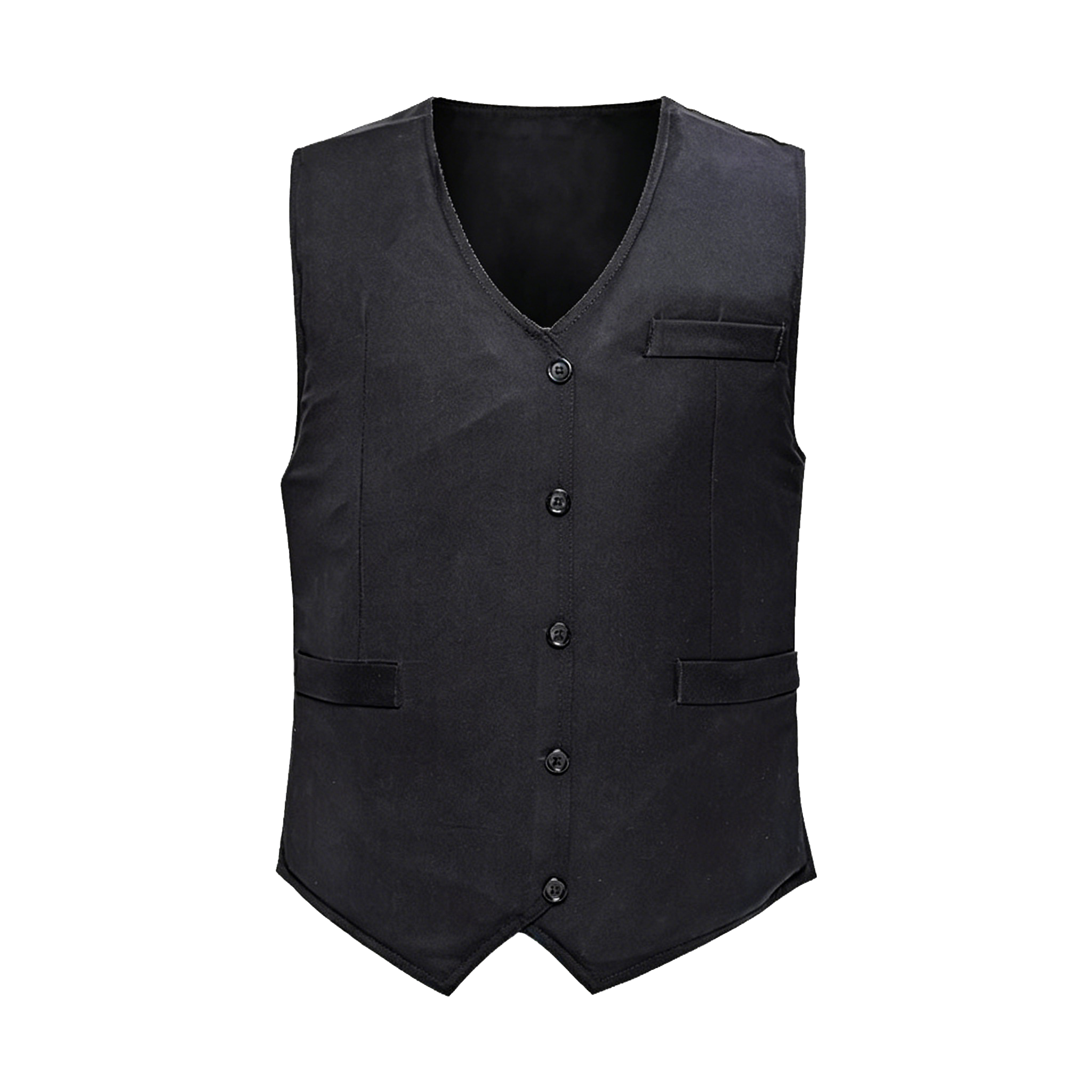 Black vest with a V-neck design, button-down front, and multiple pockets.