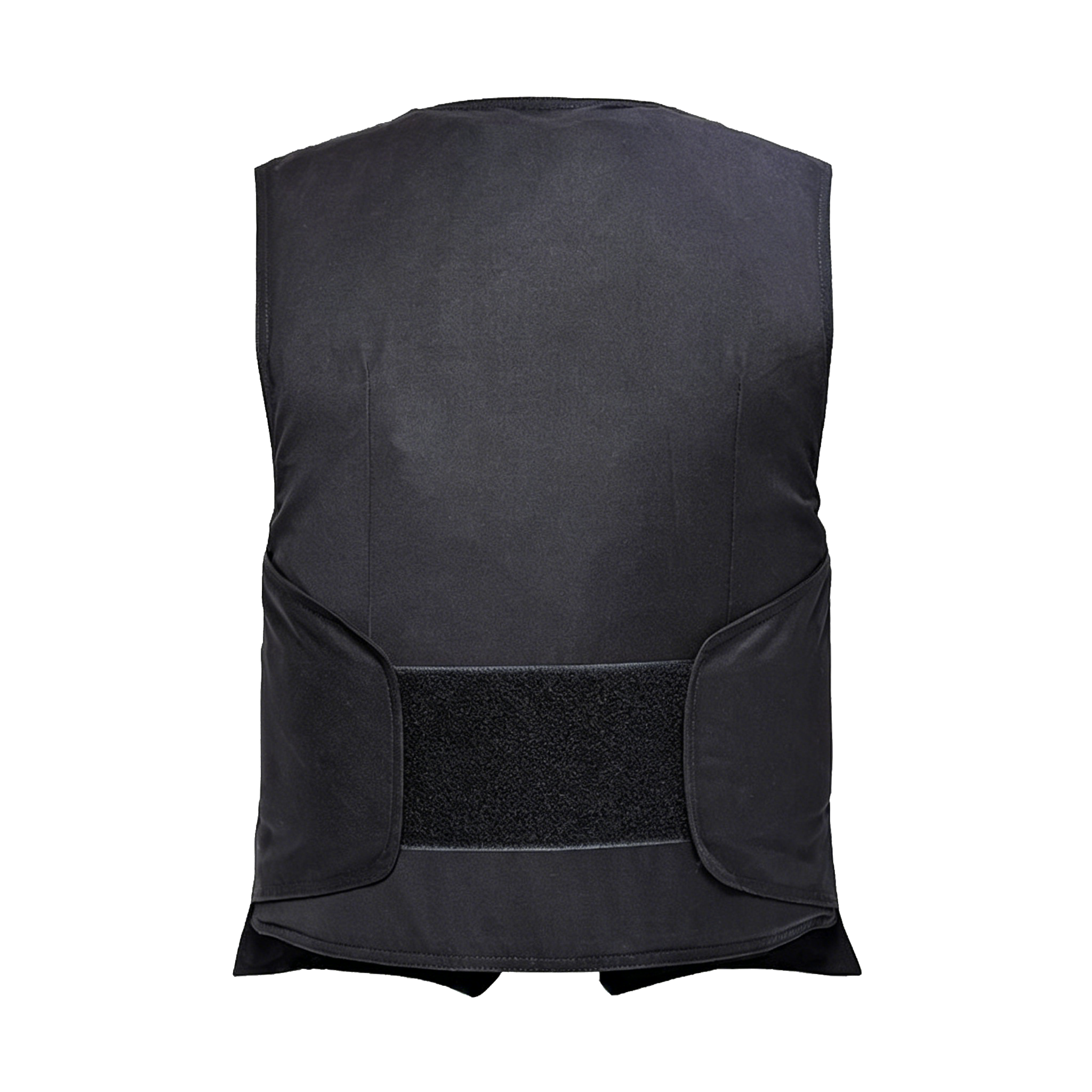 Black backpack seen from the back with a padded section and velcro strap