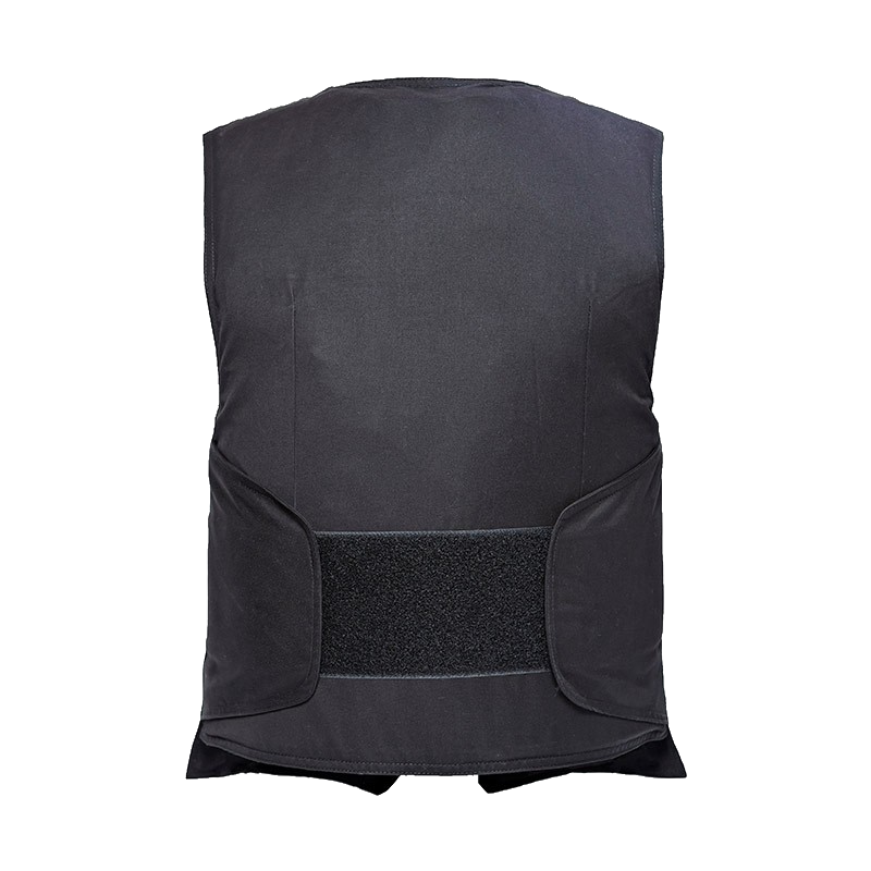 Black backpack seen from the back with a padded section and velcro strap