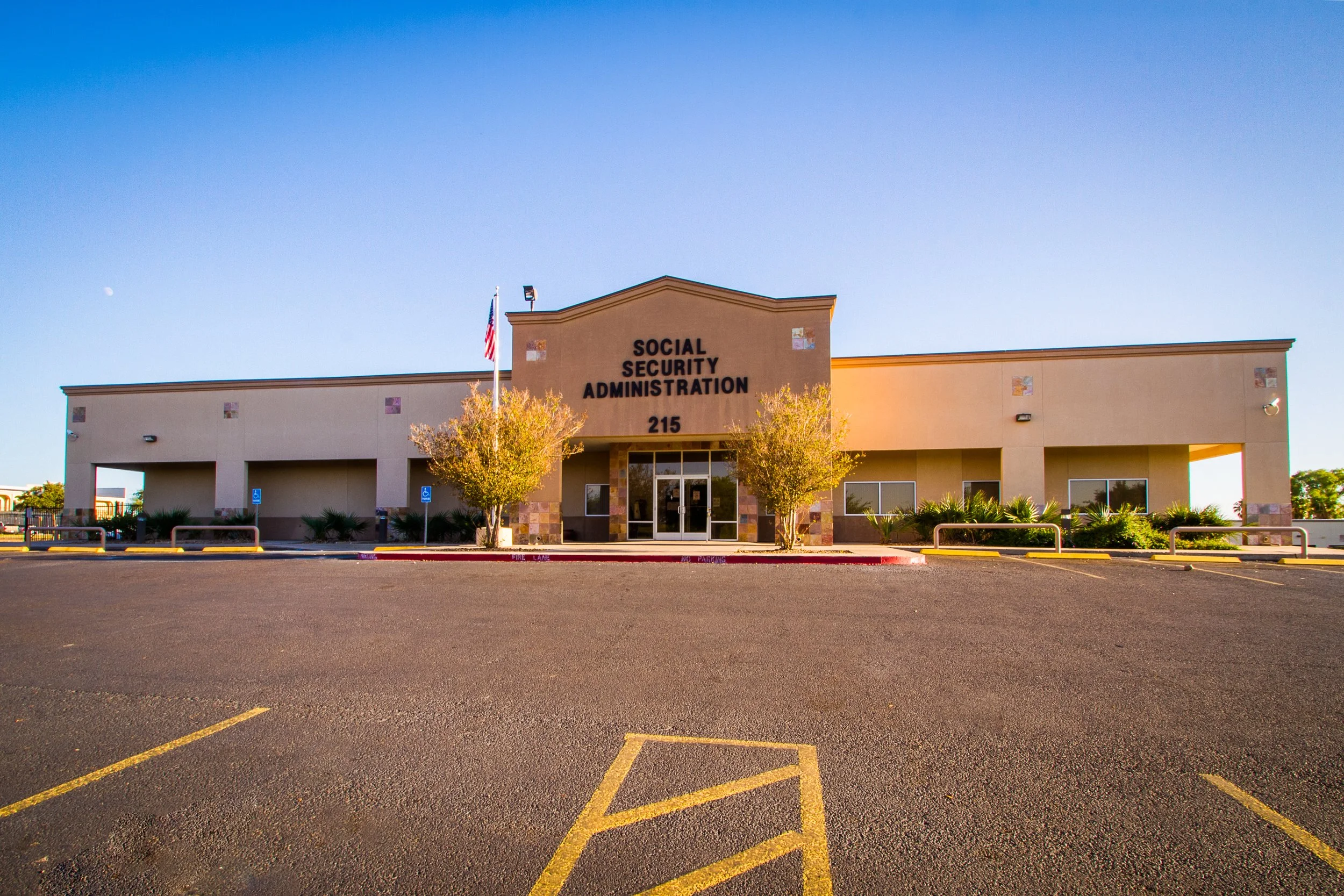 Exterior view of the Social Security Administration Building in Laredo, Texas, a federally constructed government office built for secure public services, accessibility, and administrative operations.