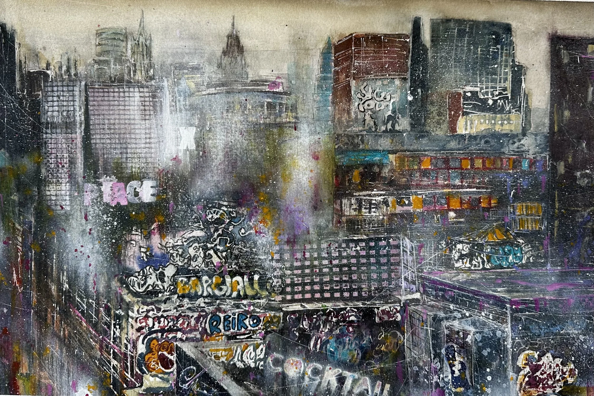 La città di Reiko 56x38 su carta Arches 640 gr. satinata. 13/6/2026
 dipinto realizzato per  Raffaella Destefano cantante dei Madreblu 