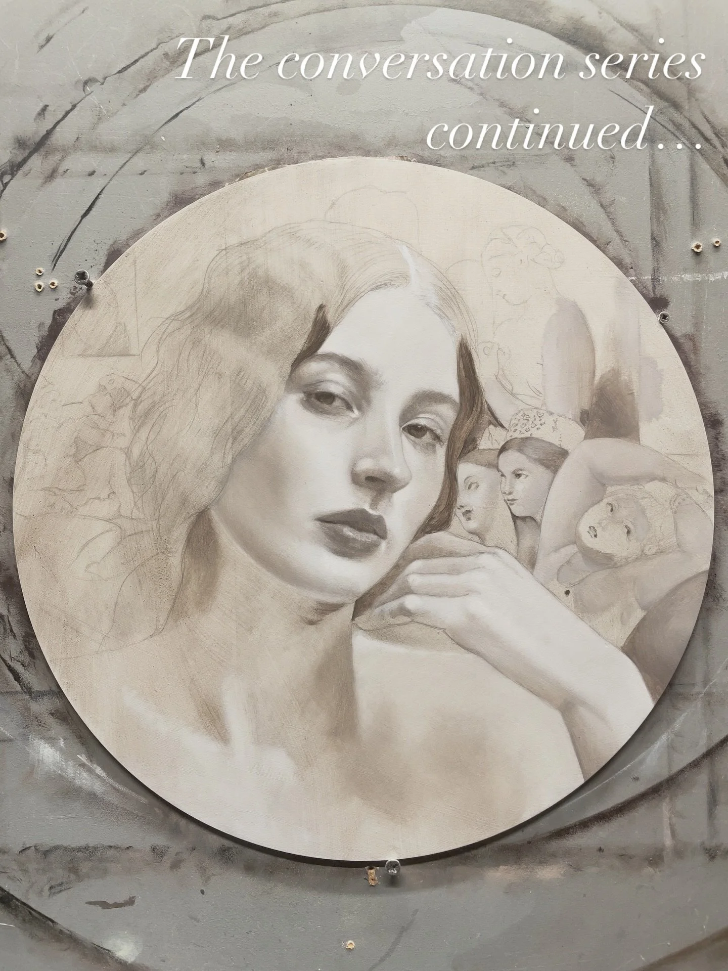 Enjoying this grisaille stage of a new work in my conversation series, this time with the ever inspiring @elkieengelke 

It occurs to me that as artists we&rsquo;re never really working alone&hellip; paintings, ideas and people from our past that mov