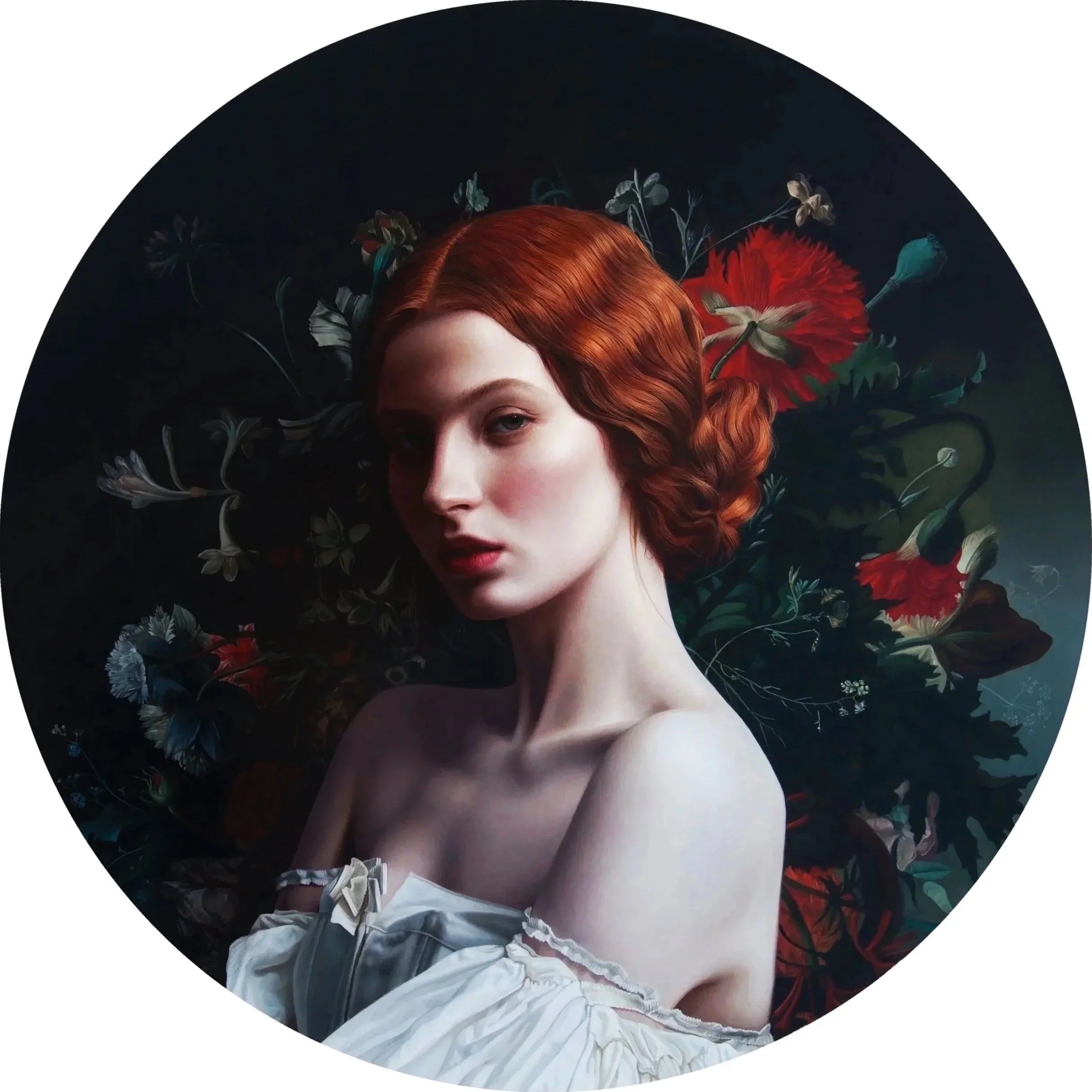 Portrait of a woman with red hair, pale skin, and red lipstick, surrounded by dark background with various flowers.