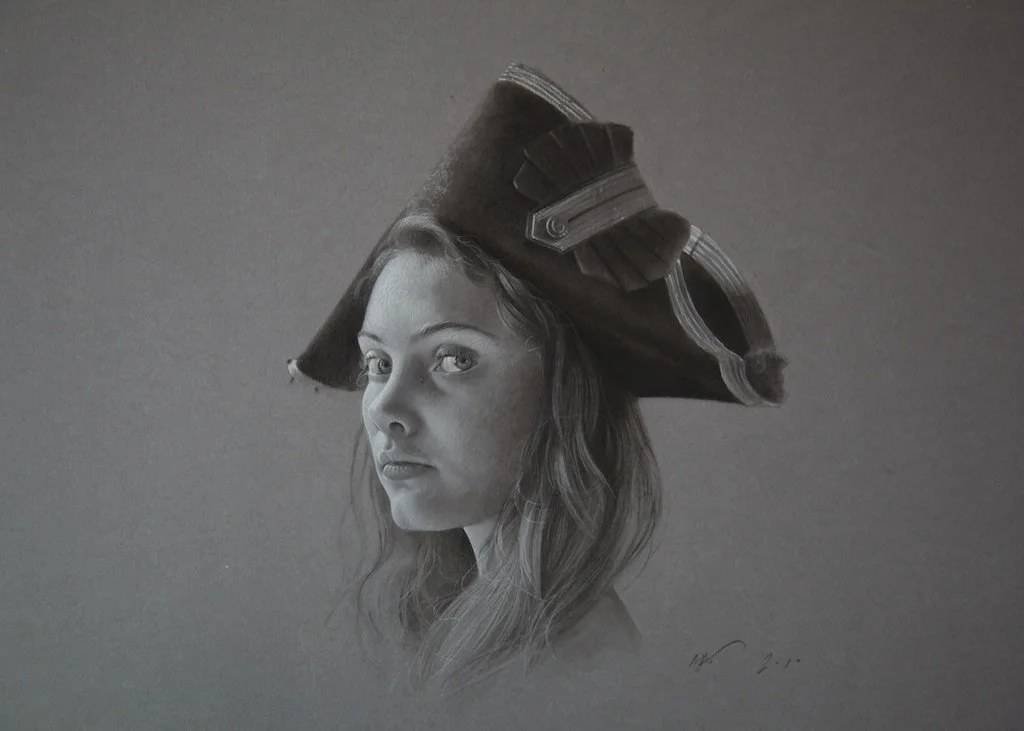 Girl in a Cocked Hat (study)   
Charcoal, Graphite and Pastel on Grey Pastel Paper. 
 ●   Sold  
  Enquire about commissioning a drawing → 