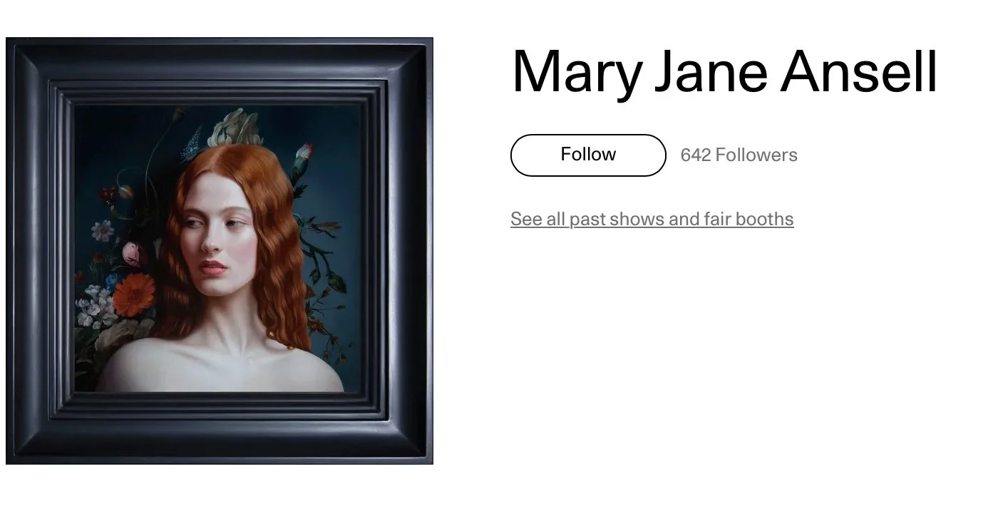 A portrait of a woman with red hair, set within a black frame, surrounded by a floral background. The woman has a serene expression and is not wearing clothing visible in the photo.