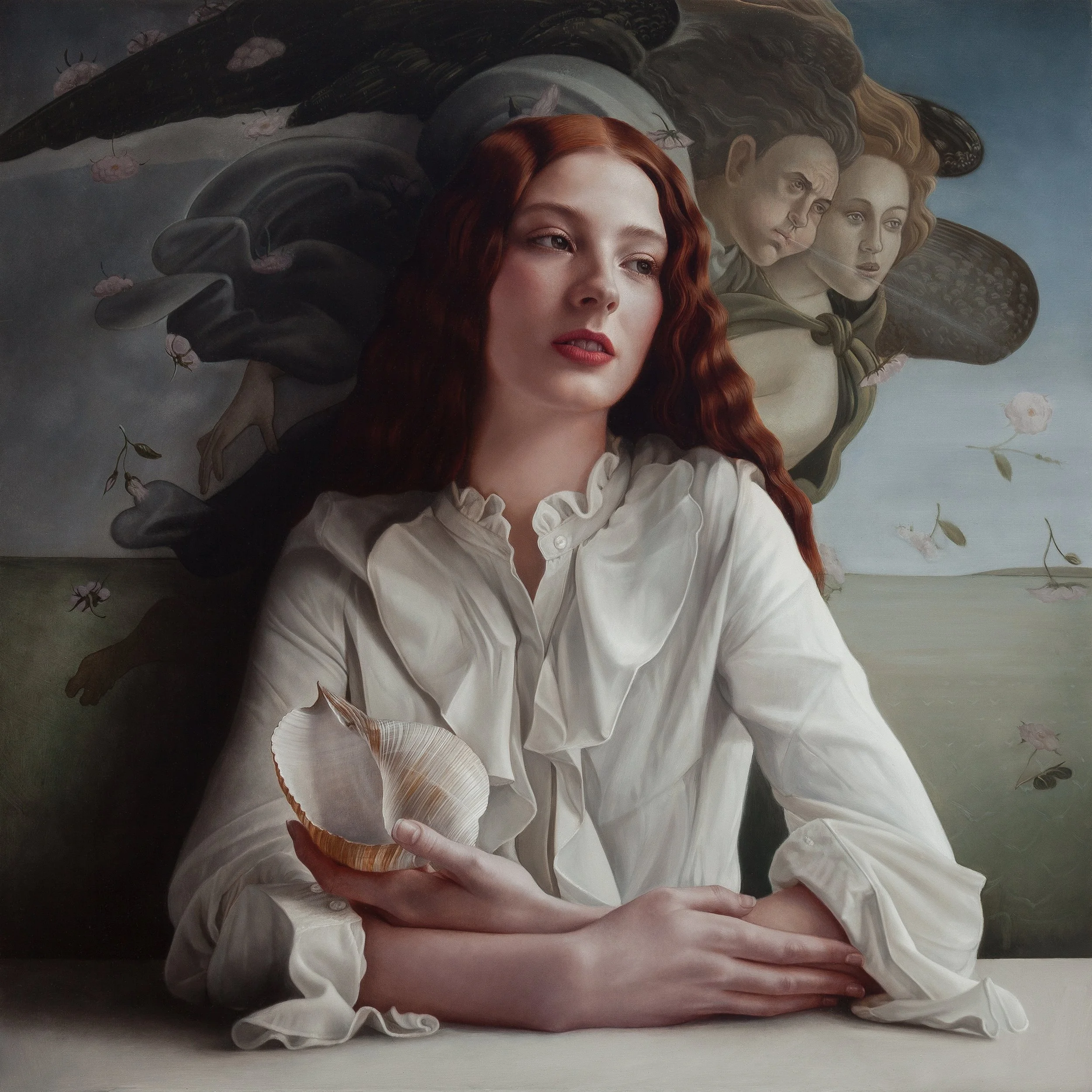 A painting of a girl with red hair holding a shell