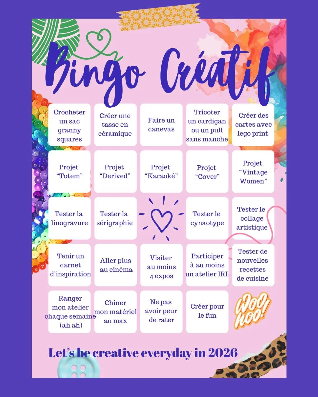 Bon, c'est peut-&ecirc;tre un peu ambitieux 😅 

Mais j'esp&egrave;re bien faire plusieurs quines et pourquoi pas un carton plein d'ici la fin de l'ann&eacute;e 😍

Dans ce bingo, il y a ce que j'ai envie de cr&eacute;er, sachant que je n'ai jamais f