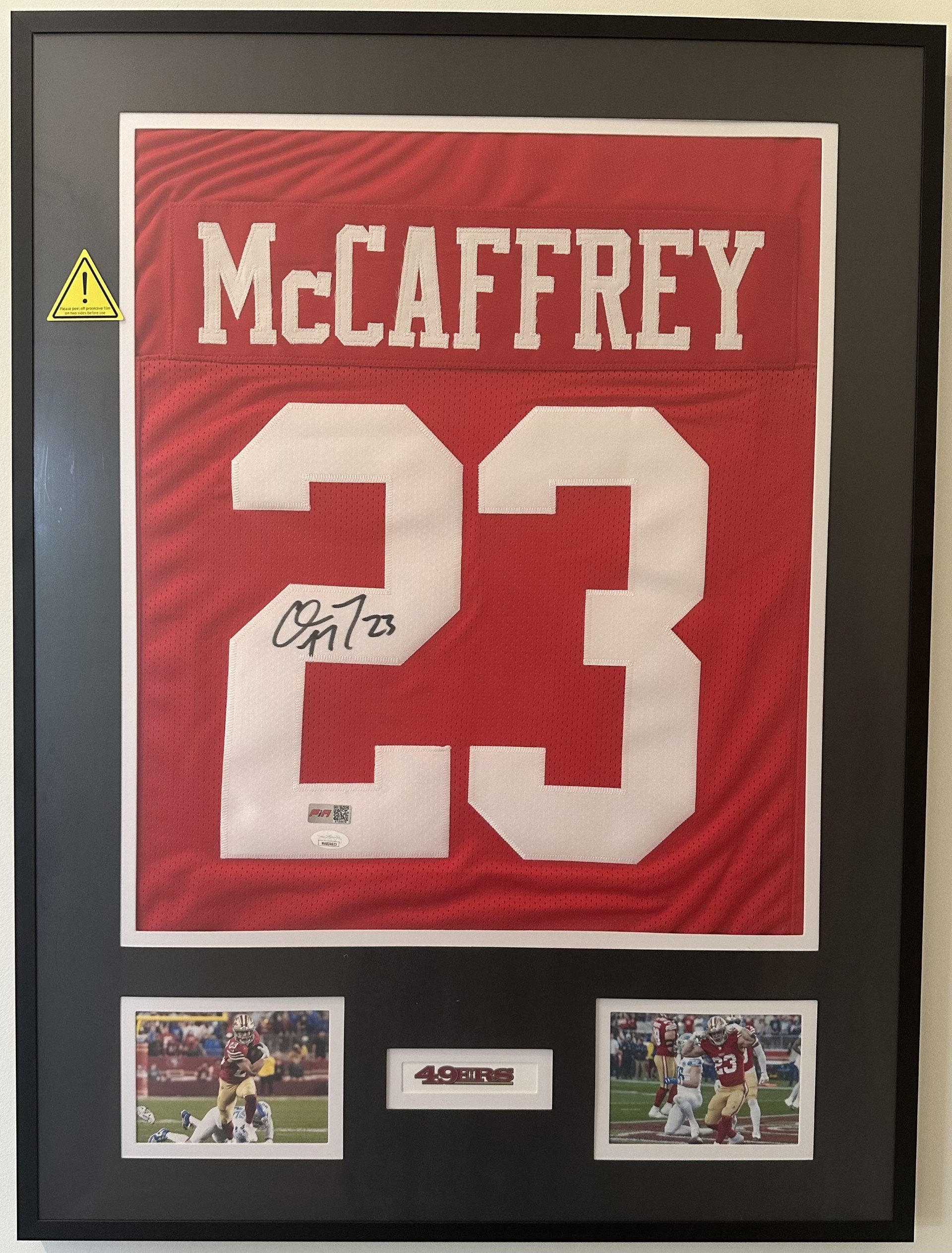 Christian McCaffrey Signed Custom Framed Jersey Display (Beckett) San Francisco 49ers