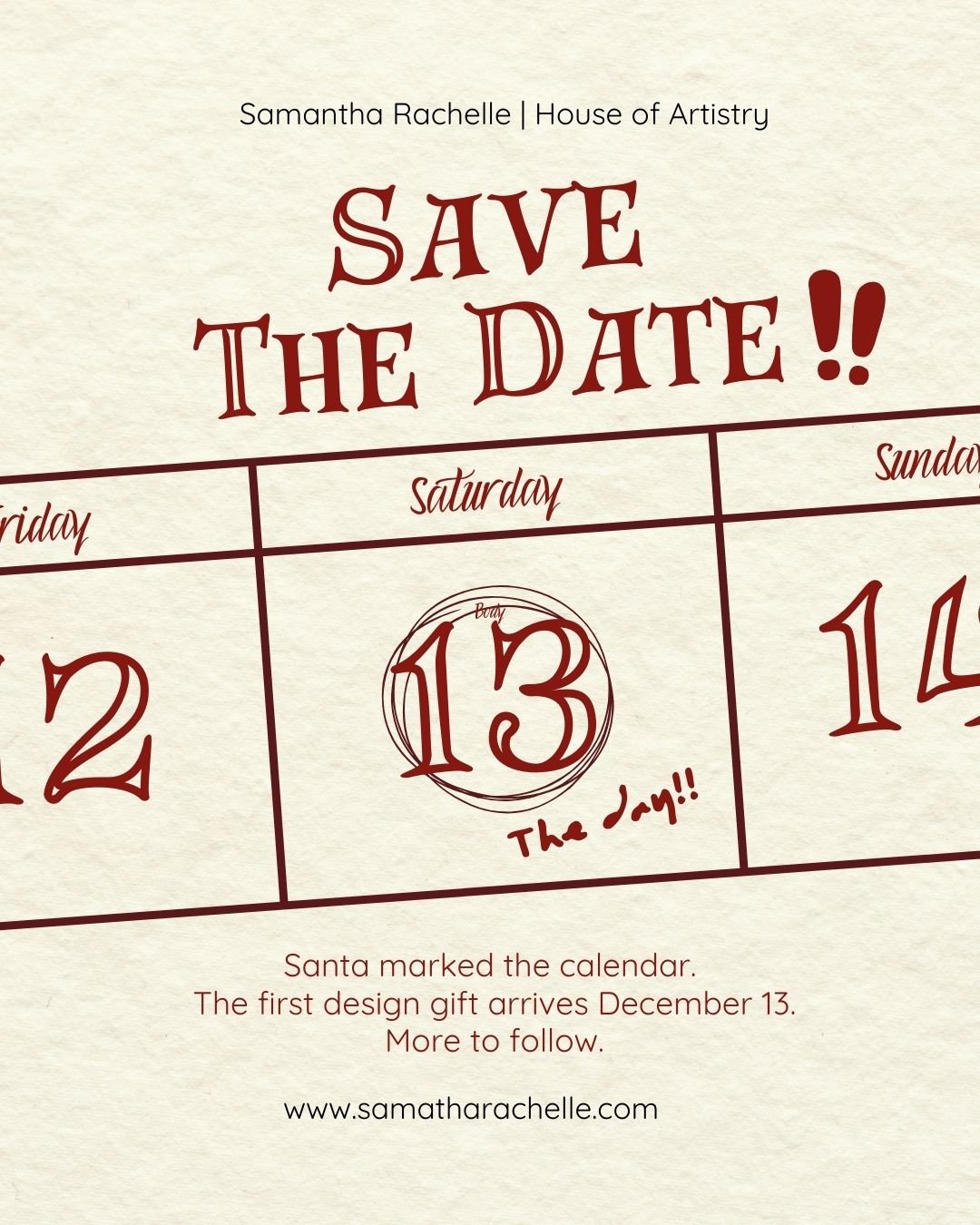 Our website just grew a touch more magical! 
Santa gave it his touch.
Your first design gift appears December 13.
See what he left behind for the House at www.samantharachelle.com

#website #redesign #gifts #countdowntochristmas