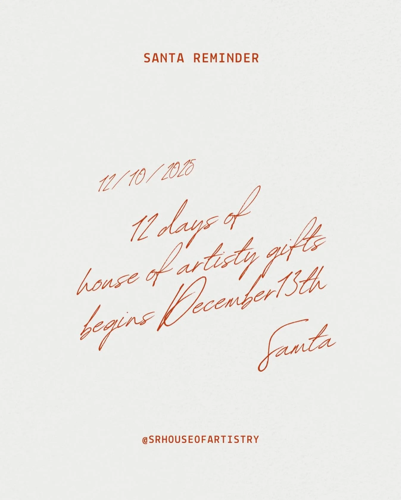 Oh Santa&hellip;You&rsquo;re so funny.
We saw that.

Seasonal magic is on its way.
December 13.

#HouseOfArtistry #SeasonalMagic
#HolidayGiving #TwelveDays #QuietLuxury
CreativeStudio FestiveDetails MagicalMoments
DecemberVibes ArtistryAtWork