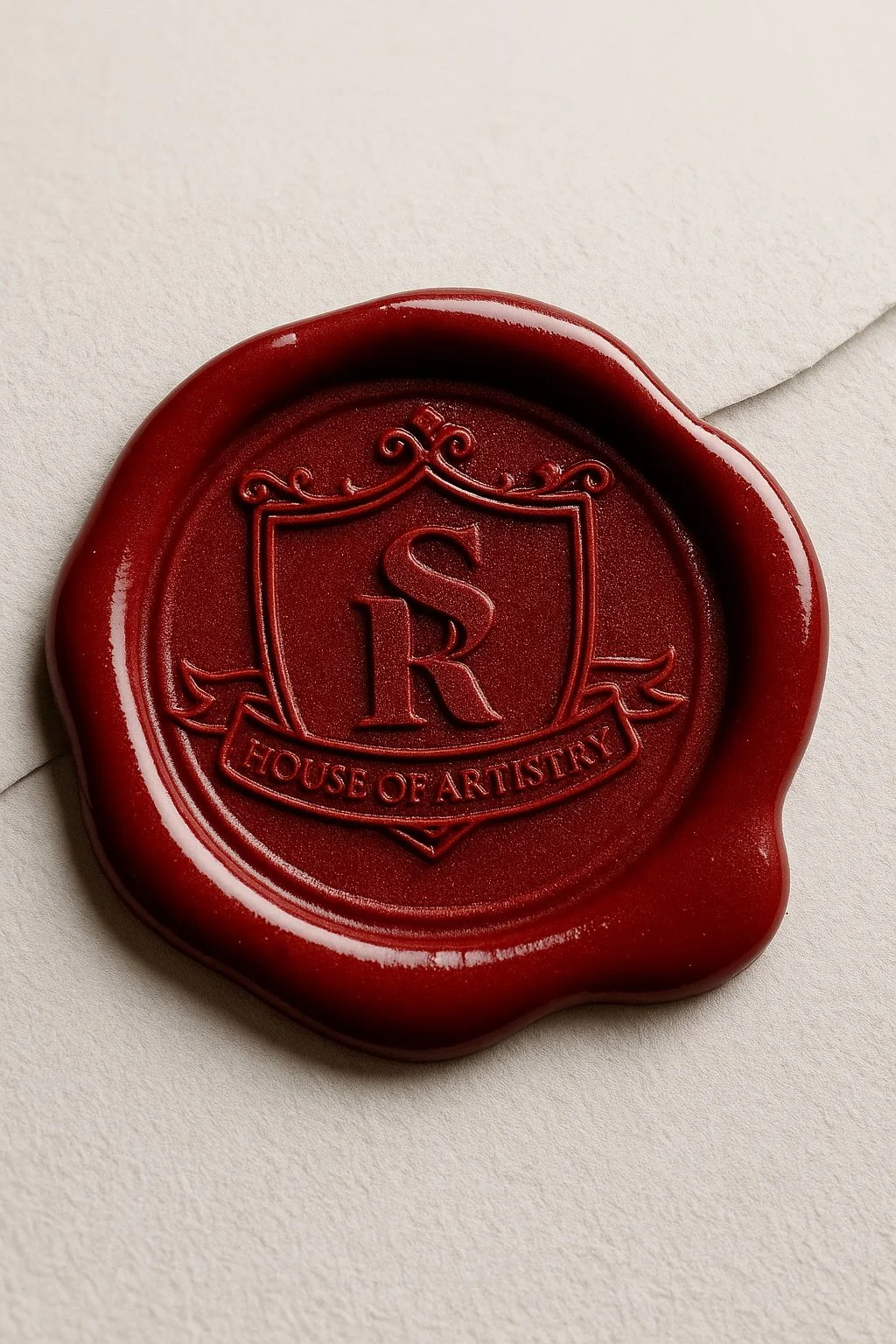 Red wax seal with a shield emblem and the words "House of Artistry" and the initials "SR" on light-colored paper.