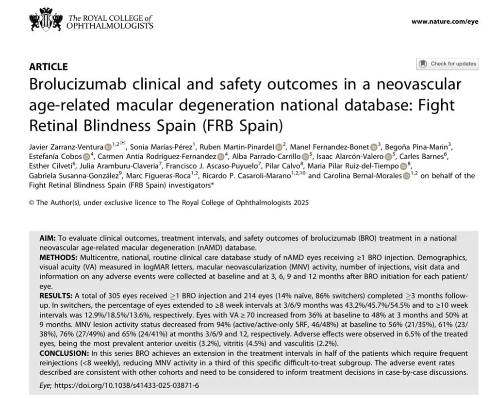 🔬 Real-world insights on brolucizumab for nAMD: a national Spanish database study 👁️

We&rsquo;re pleased to share our latest publication in Eye (Nature) where we present clinical and safety outcomes of #Brolucizumab in neovascular age-related macu