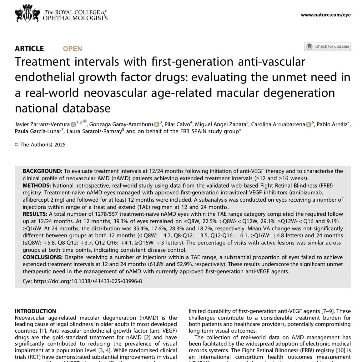 NUEVA PUBLICACI&Oacute;N!!!

🔬 Necesidad no cubierta: &iquest;Estamos alcanzando los intervalos de tratamiento deseados en DMAE neovascular?

📢 En nuestro &uacute;ltimo estudio nacional del proyecto #FightRetinalBlindnessSpain (#FRBSpain) publicado